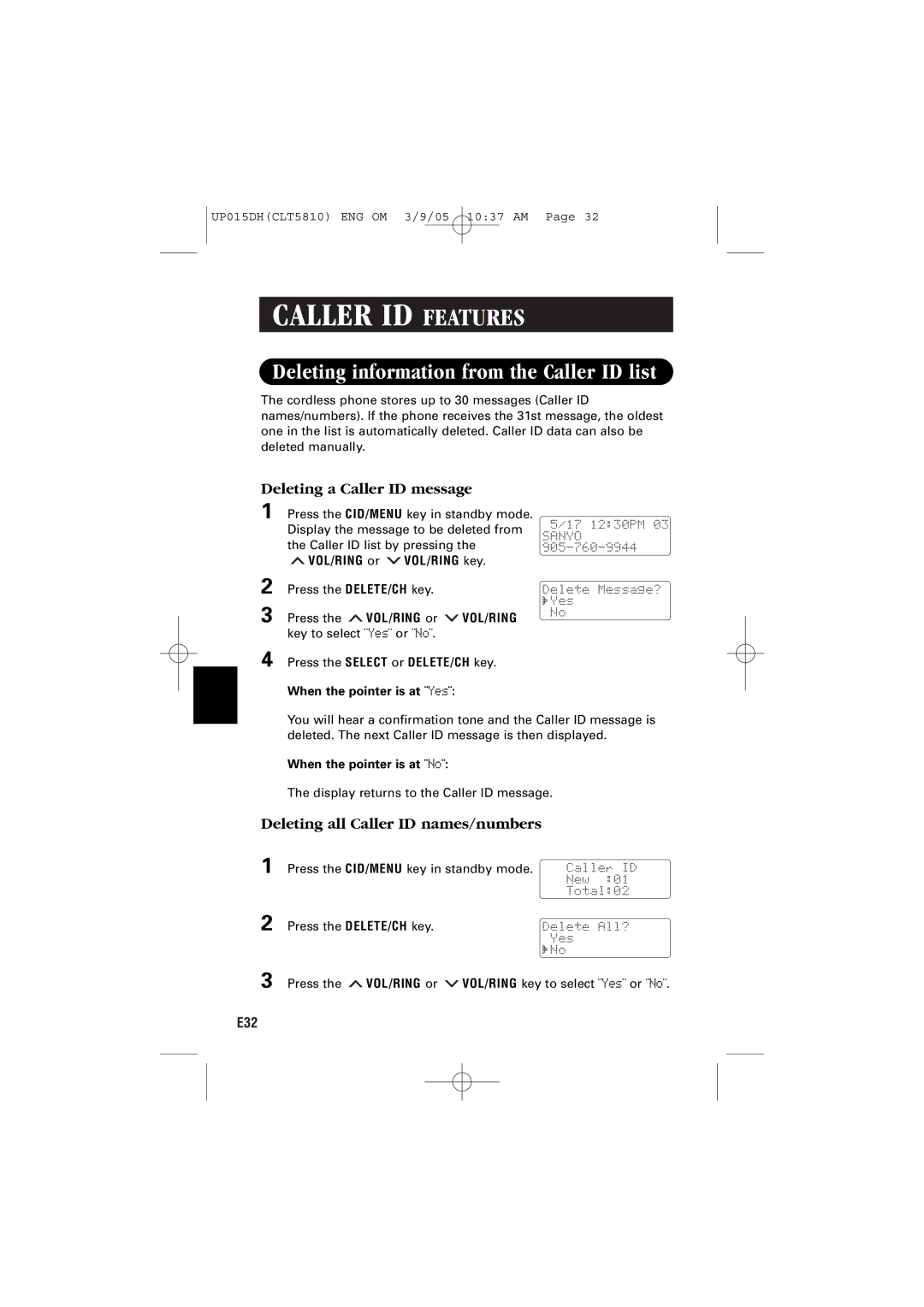 Sanyo CLT-5810 Deleting information from the Caller ID list, Deleting a Caller ID message, When the pointer is at ¨Yes¨ 