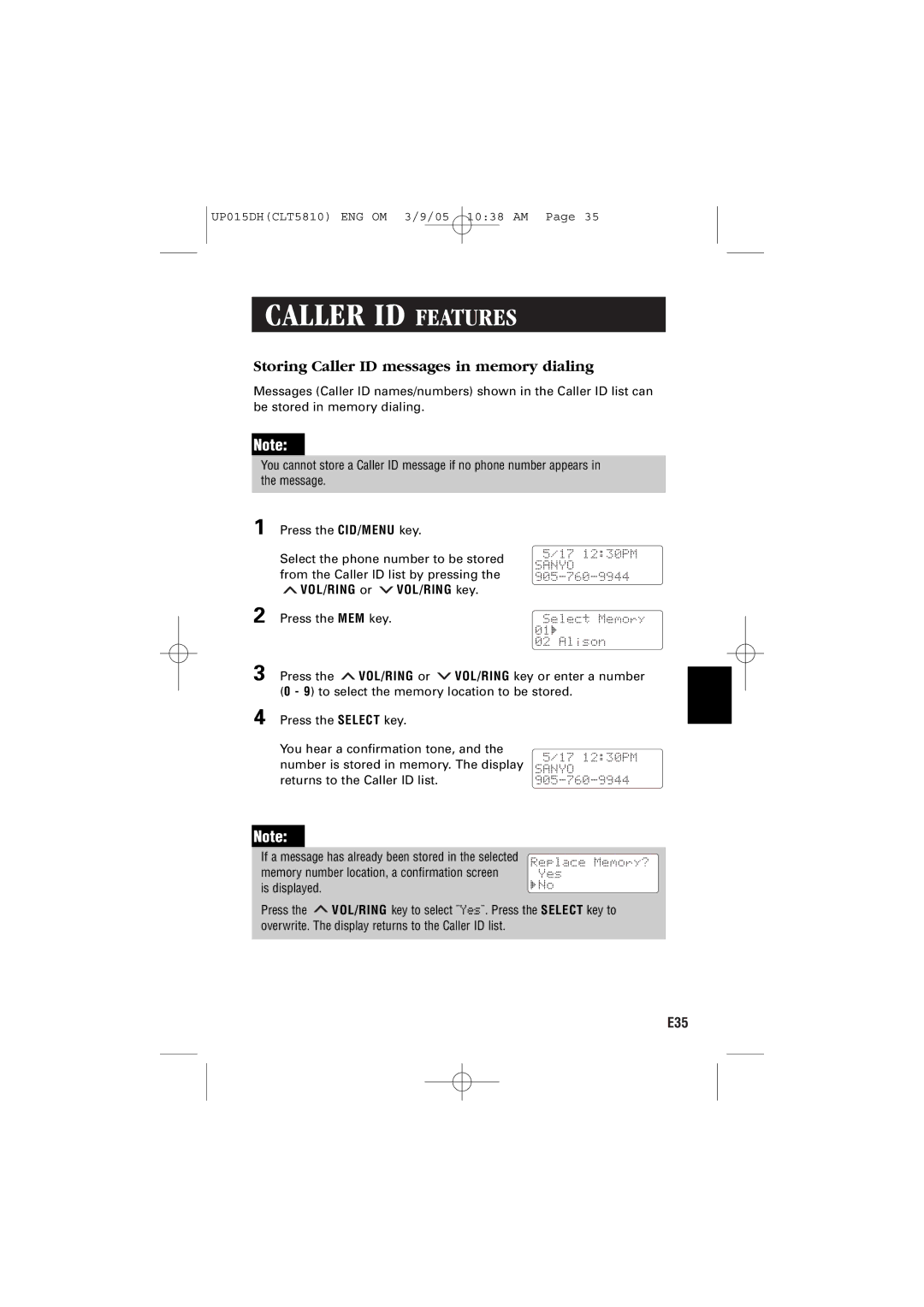 Sanyo CLT-5810 instruction manual Storing Caller ID messages in memory dialing, Returns to the Caller ID list 