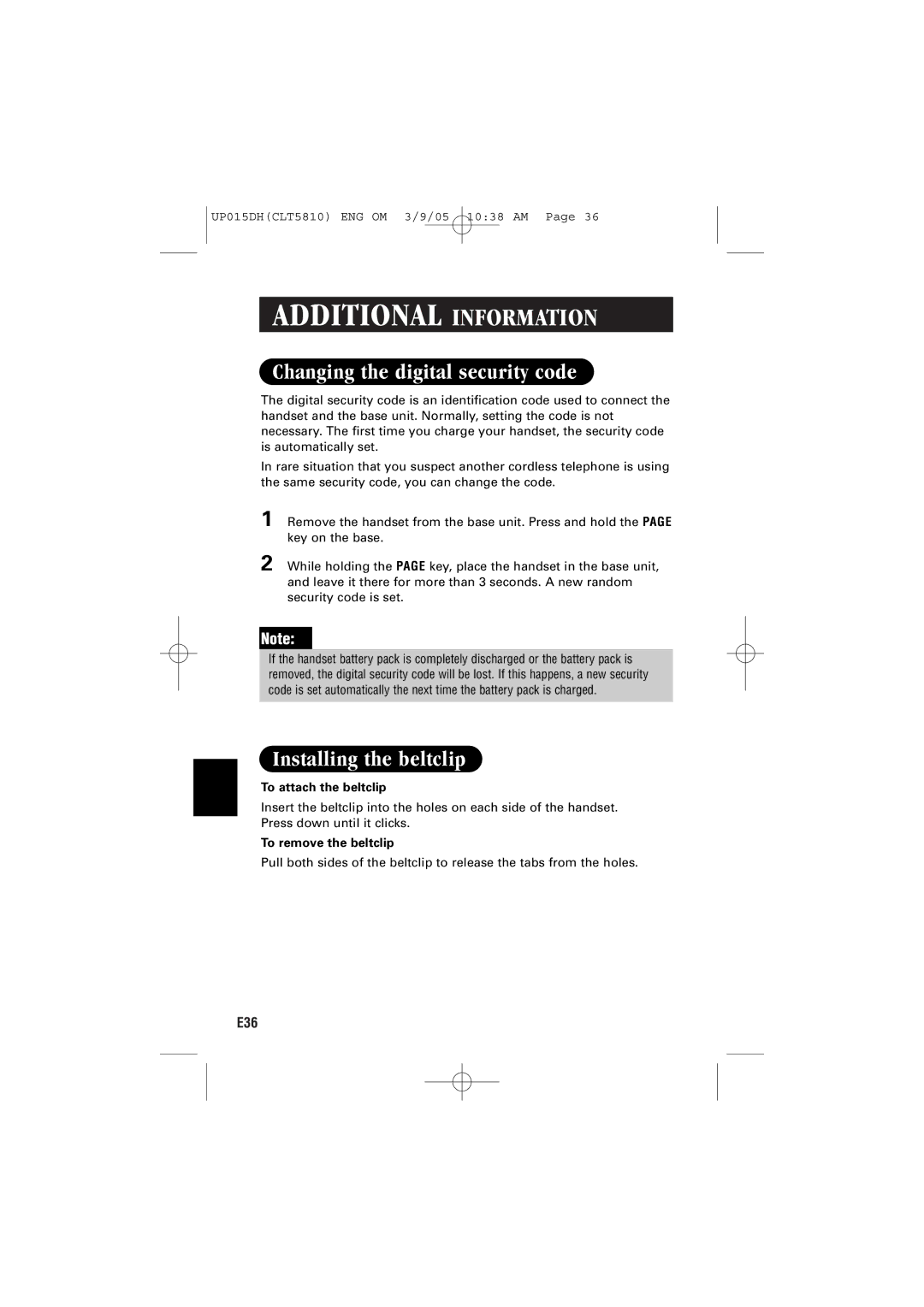 Sanyo CLT-5810 Additional Information, Changing the digital security code, Installing the beltclip, To attach the beltclip 