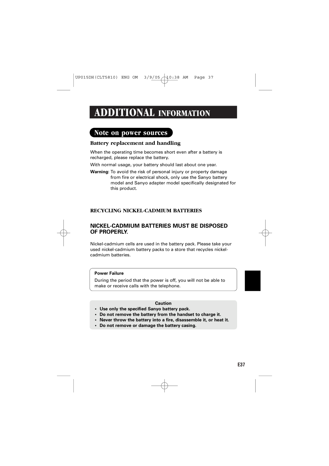 Sanyo CLT-5810 instruction manual Battery replacement and handling, Power Failure 