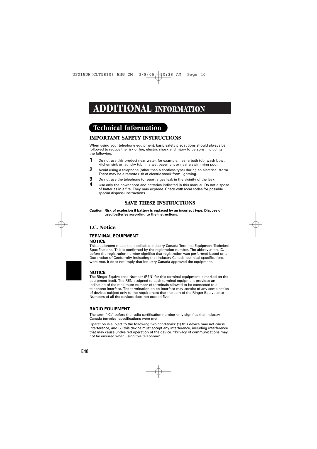 Sanyo CLT-5810 instruction manual Technical Information, Important Safety Instructions 