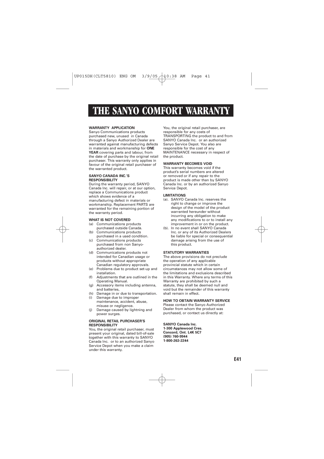 Sanyo CLT-5810 instruction manual Sanyo Comfort Warranty, Sanyo Canada INC.’S Responsibility 