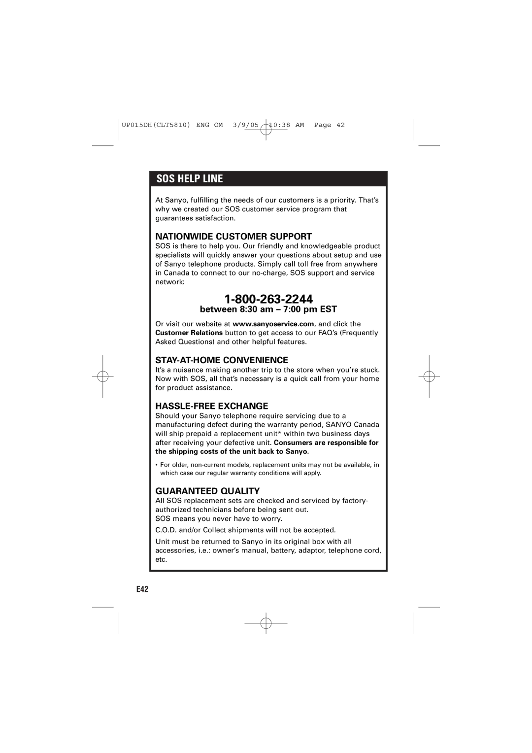 Sanyo CLT-5810 instruction manual SOS Help Line, Shipping costs of the unit back to Sanyo 