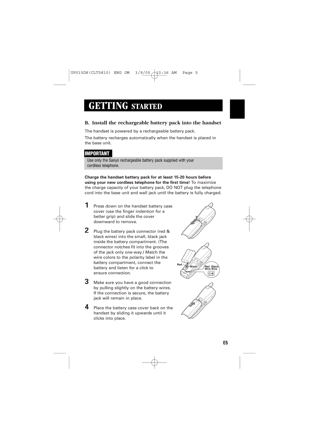 Sanyo CLT-5810 instruction manual Install the rechargeable battery pack into the handset 