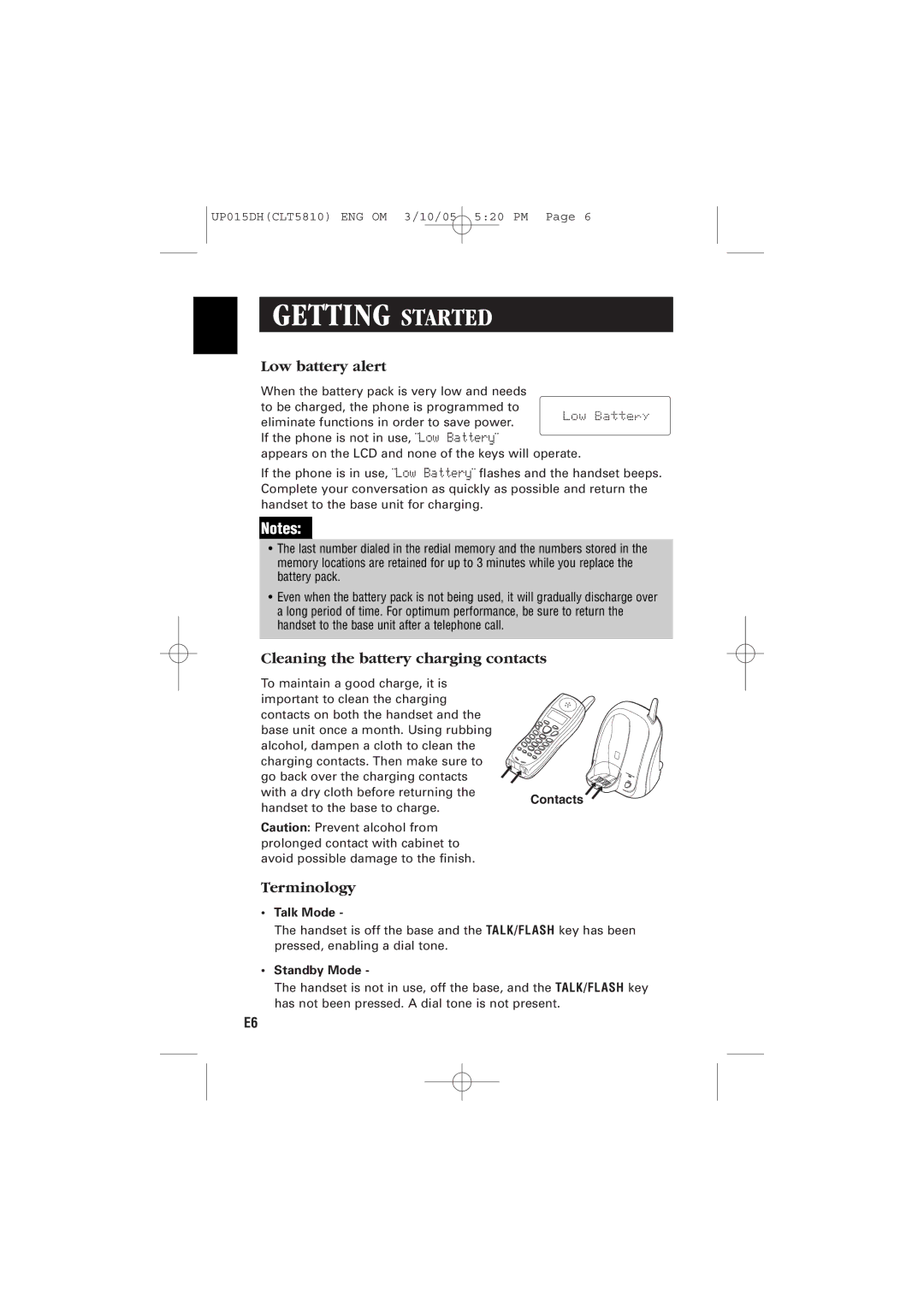 Sanyo CLT-5810 Low battery alert, Cleaning the battery charging contacts, Terminology, Talk Mode, Standby Mode 