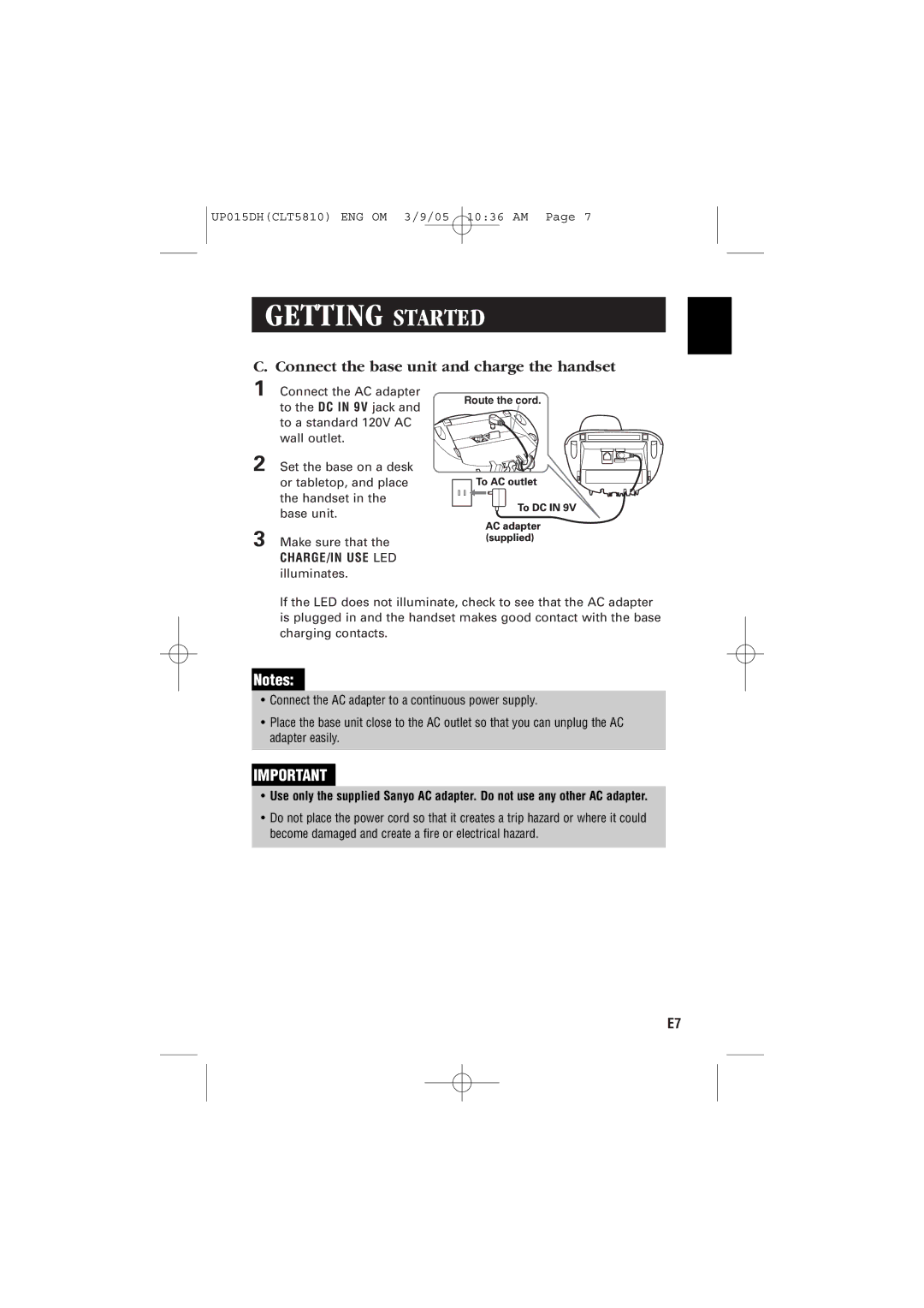 Sanyo CLT-5810 instruction manual Connect the base unit and charge the handset, CHARGE/IN USE LED illuminates 