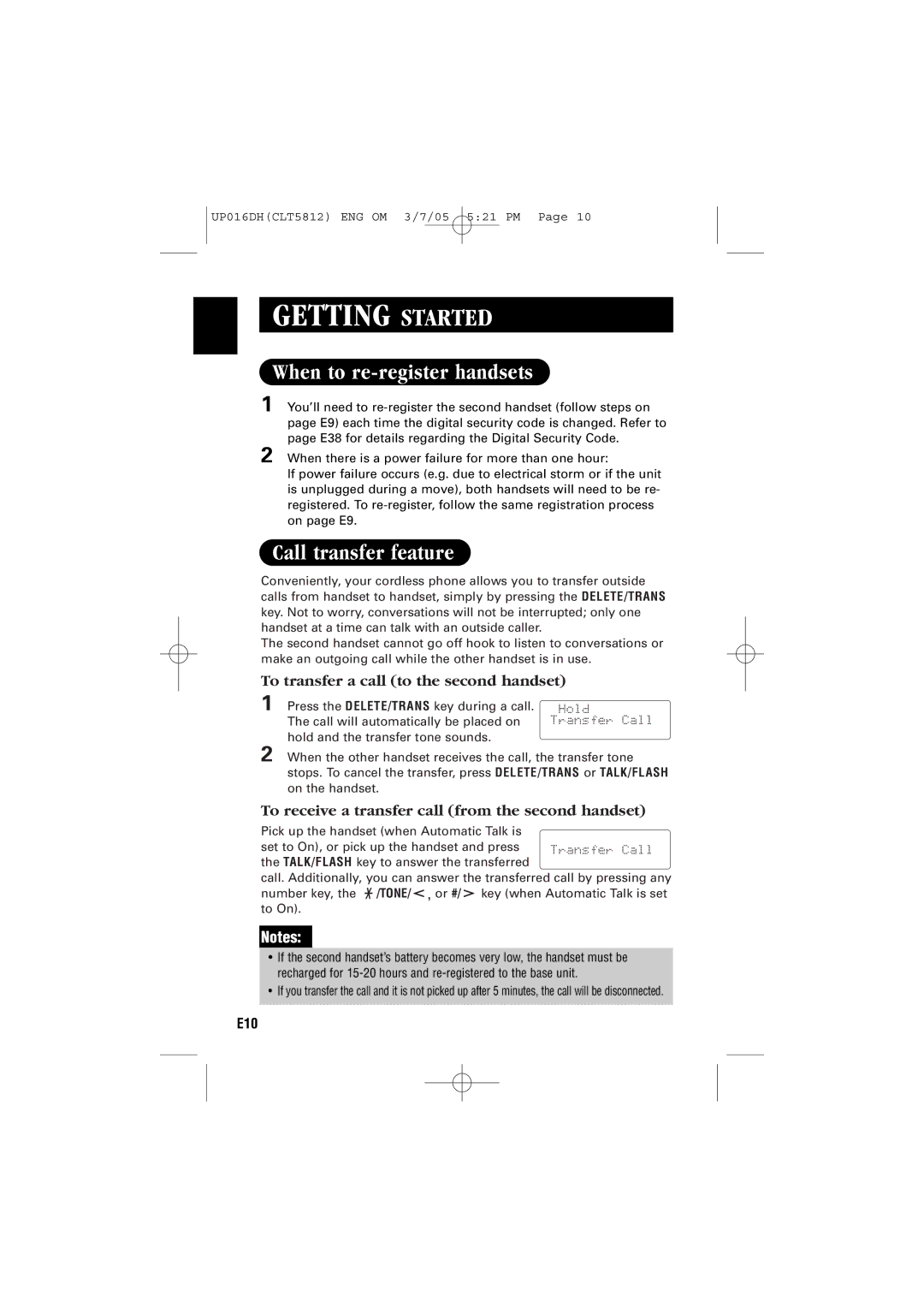 Sanyo CLT-5812 When to re-register handsets, Call transfer feature, To transfer a call to the second handset 