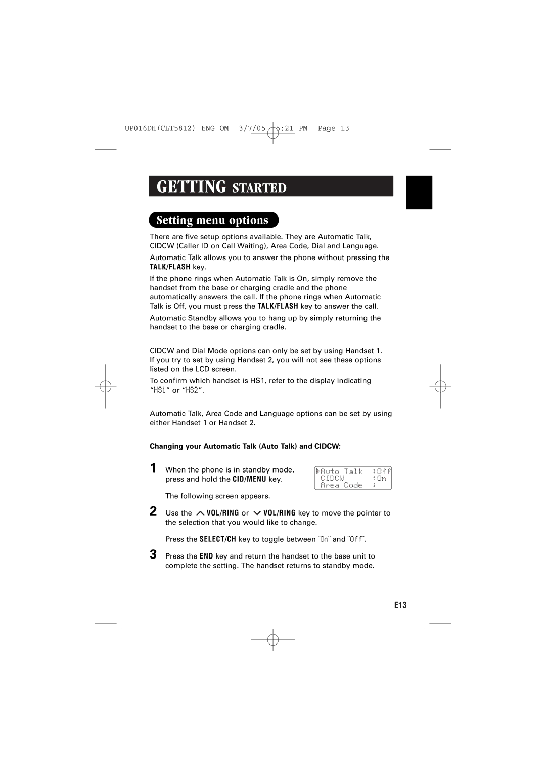 Sanyo CLT-5812 instruction manual Setting menu options, Changing your Automatic Talk Auto Talk and Cidcw 