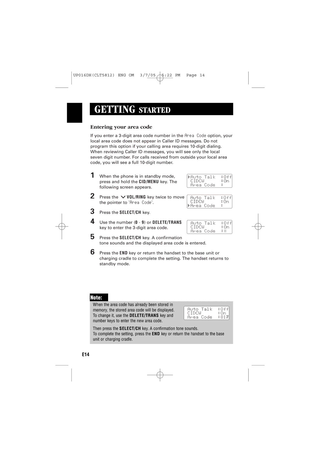 Sanyo CLT-5812 instruction manual Entering your area code 