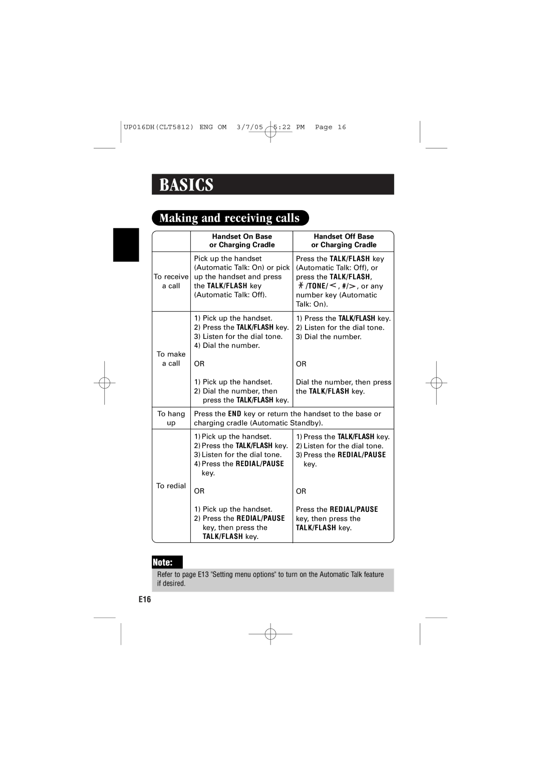 Sanyo CLT-5812 instruction manual Basics, Making and receiving calls, Handset On Base, Or Charging Cradle 