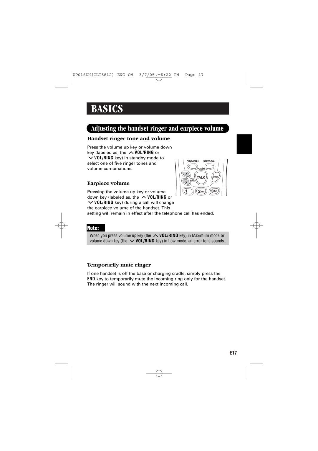 Sanyo CLT-5812 Adjusting the handset ringer and earpiece volume, Handset ringer tone and volume, Earpiece volume 