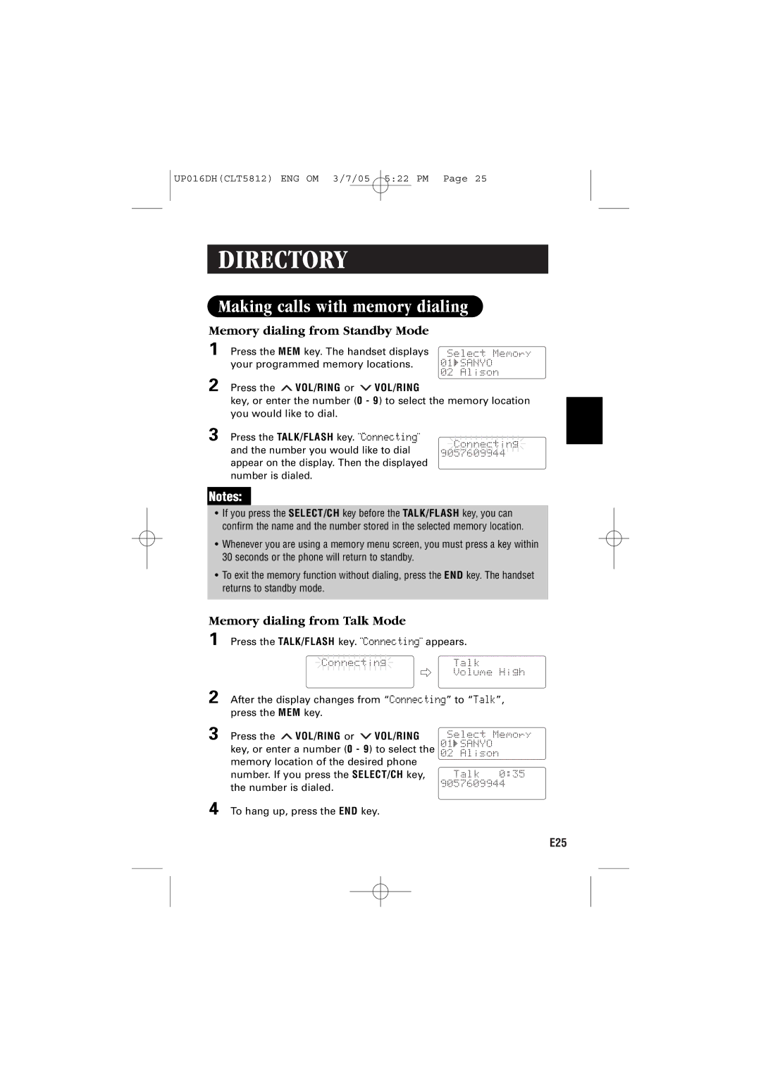 Sanyo CLT-5812 Making calls with memory dialing, Memory dialing from Standby Mode, Memory dialing from Talk Mode 