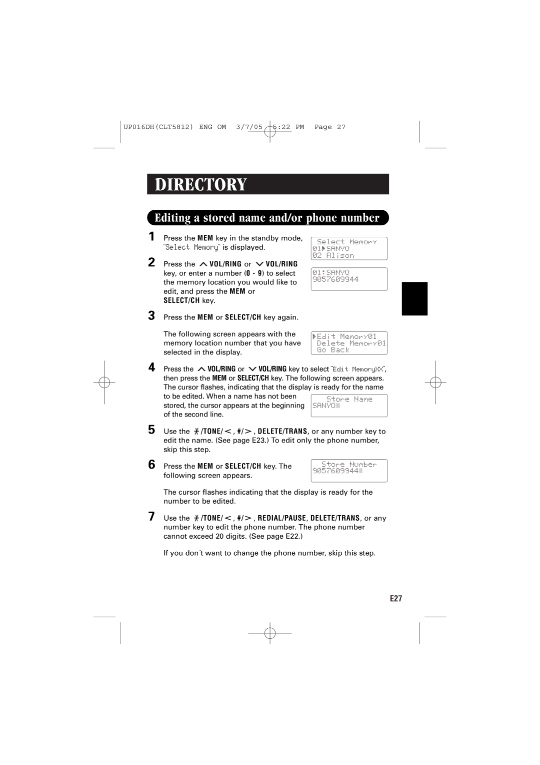 Sanyo CLT-5812 instruction manual Editing a stored name and/or phone number, SELECT/CH key 