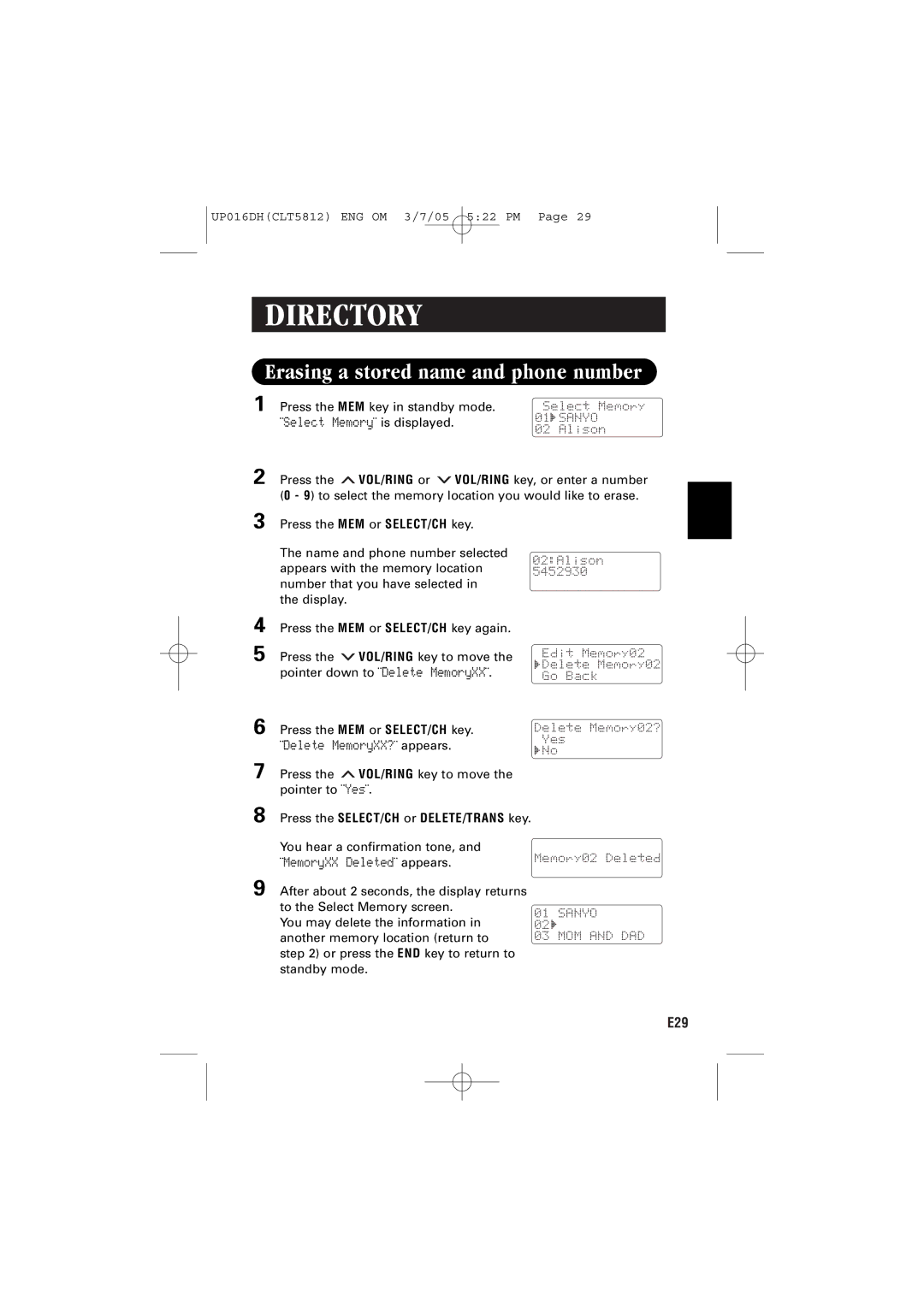 Sanyo CLT-5812 instruction manual Erasing a stored name and phone number, ¨Delete MemoryXX?¨ appears 