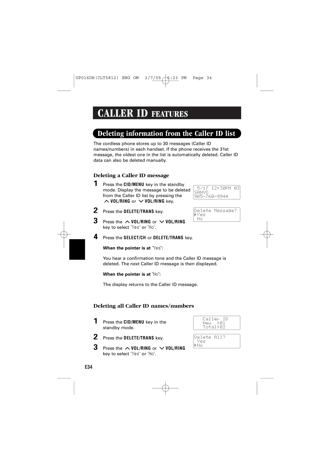 Sanyo CLT-5812 Deleting information from the Caller ID list, Deleting a Caller ID message, When the pointer is at ¨Yes¨ 