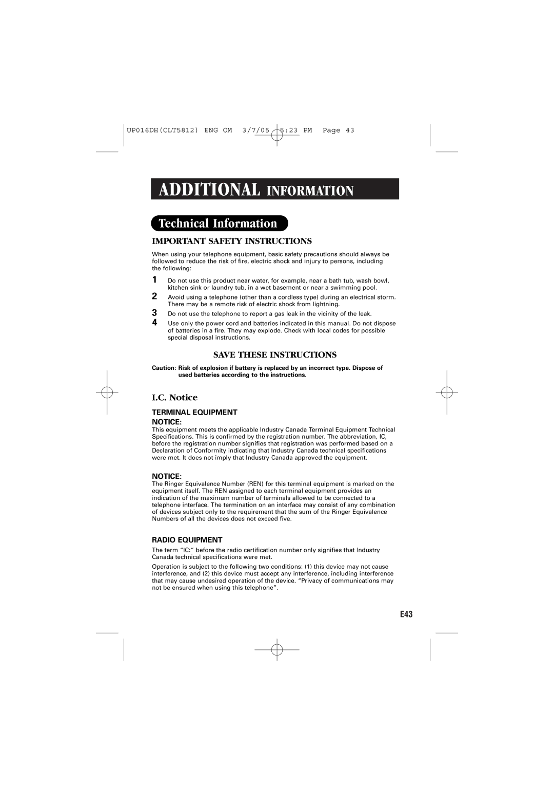 Sanyo CLT-5812 instruction manual Technical Information, Important Safety Instructions 