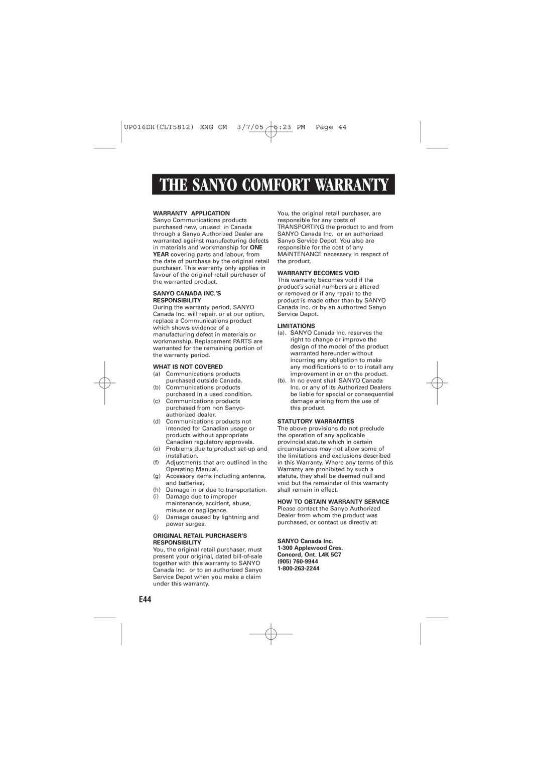 Sanyo CLT-5812 instruction manual Sanyo Comfort Warranty, Sanyo Canada INC.’S Responsibility 