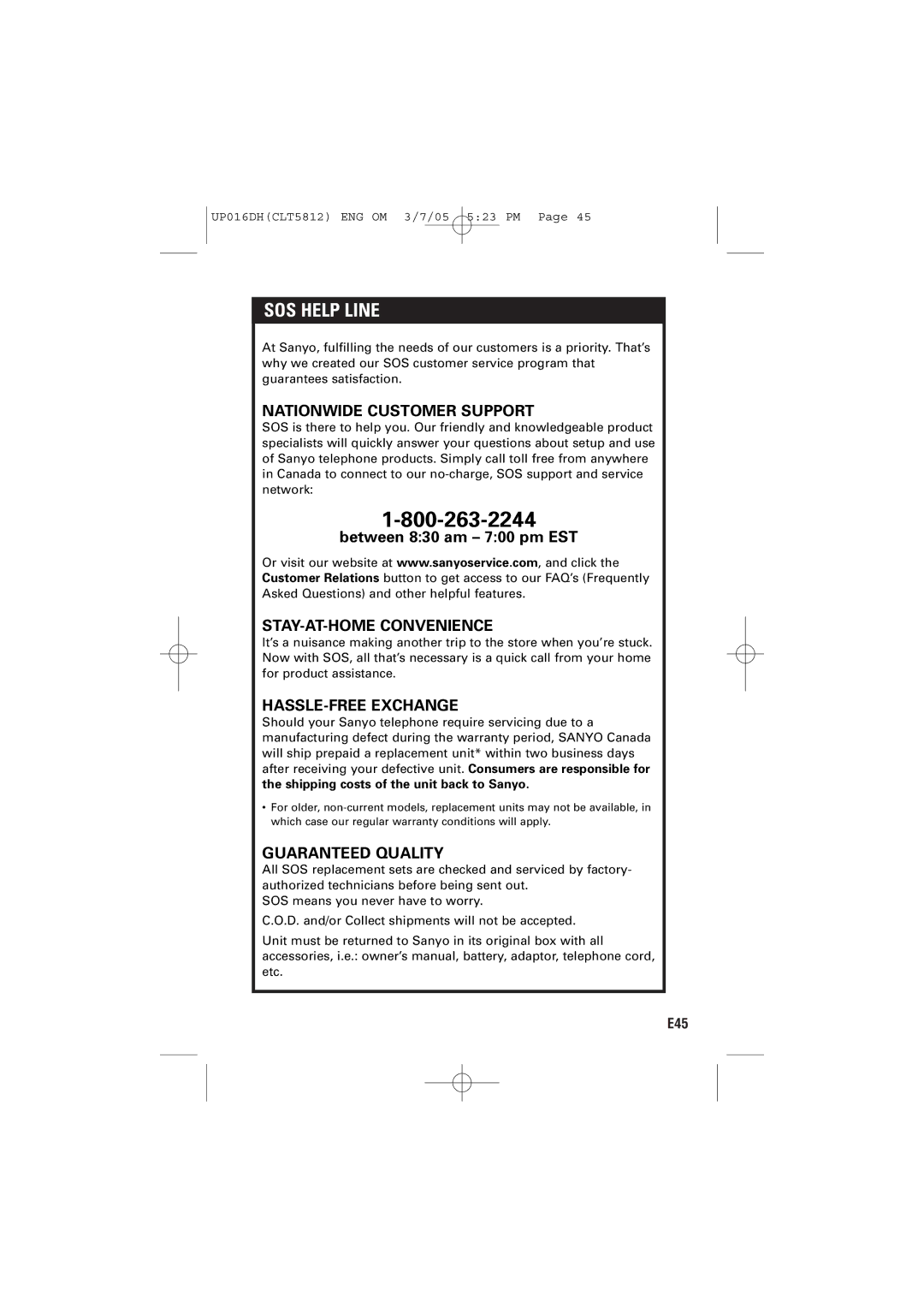 Sanyo CLT-5812 instruction manual SOS Help Line, Shipping costs of the unit back to Sanyo 