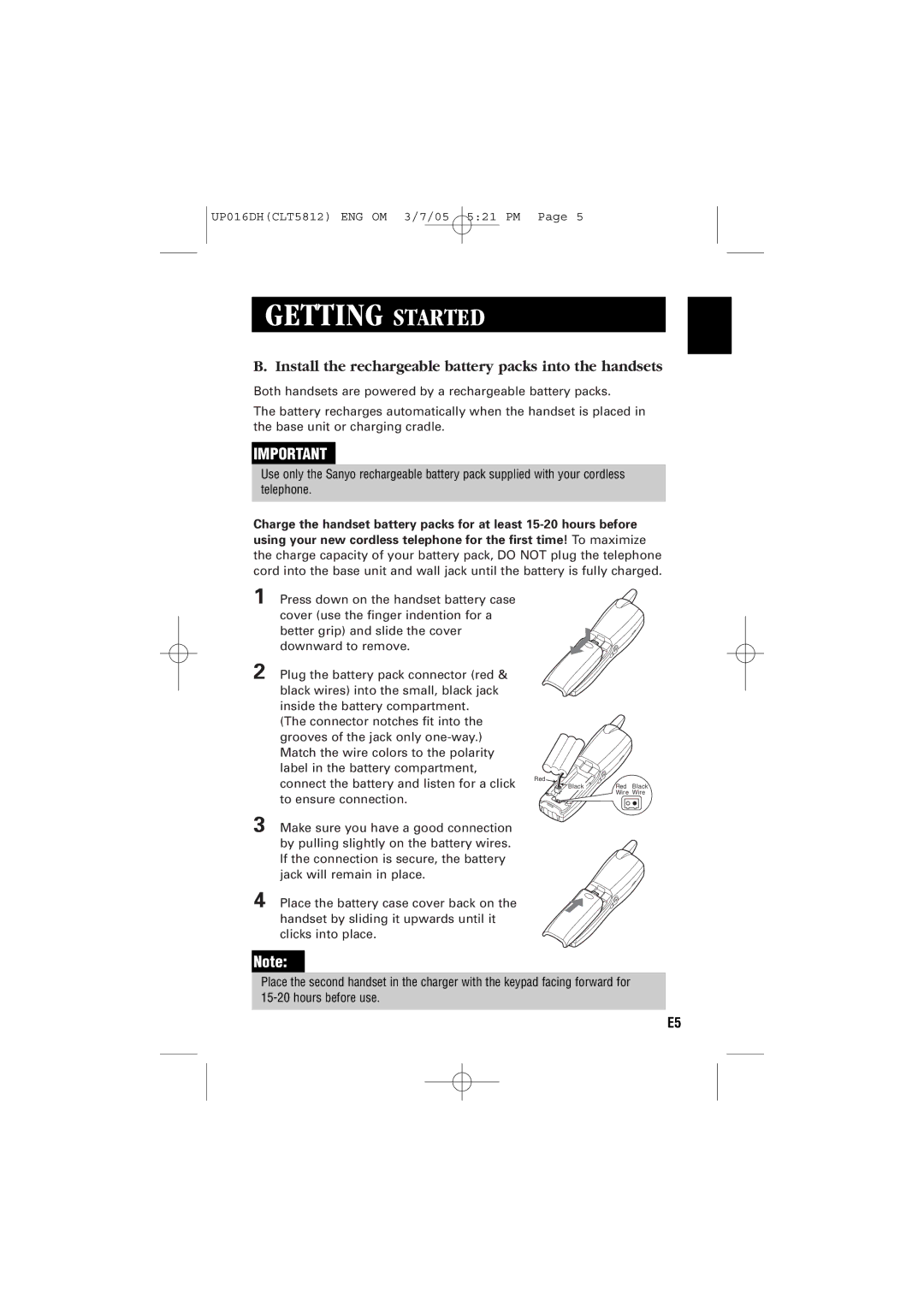 Sanyo CLT-5812 instruction manual Install the rechargeable battery packs into the handsets 