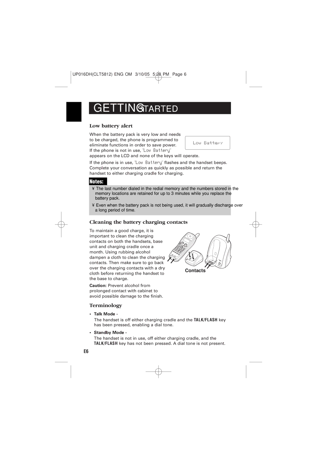 Sanyo CLT-5812 Low battery alert, Cleaning the battery charging contacts, Terminology, Talk Mode, Standby Mode 