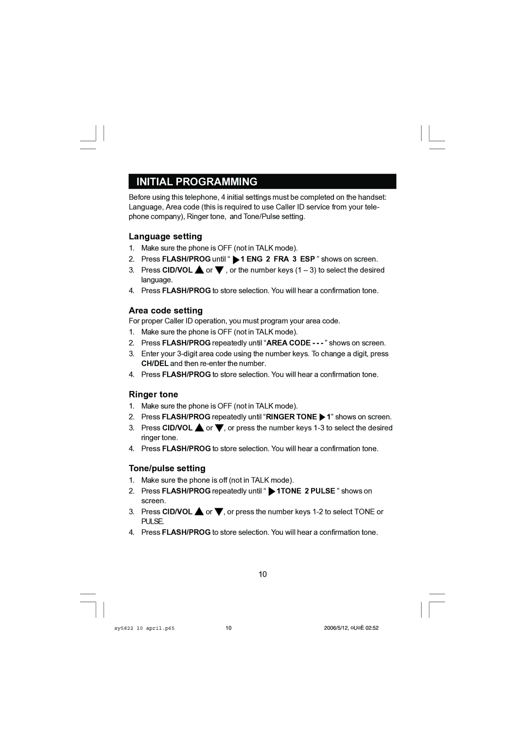 Sanyo CLT-A5822, CLT-A5832 instruction manual Initial Programming, Language setting, Area code setting, Ringer tone 