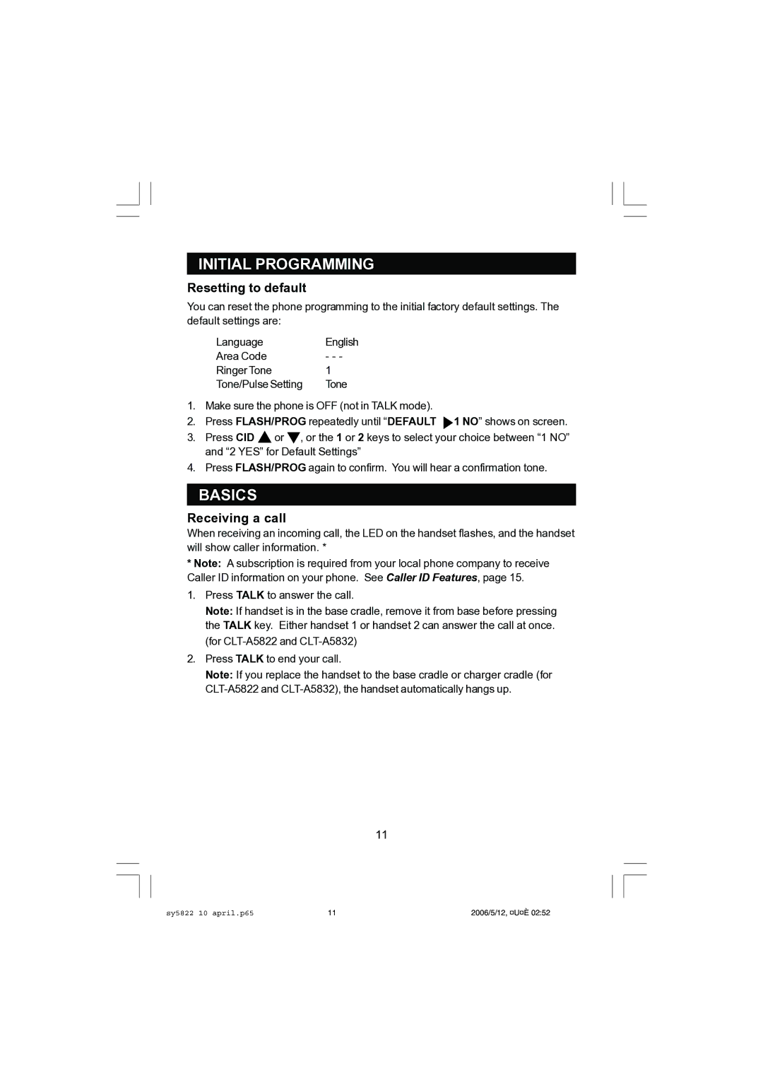 Sanyo CLT-A5832, CLT-A5822 instruction manual Basics, Resetting to default, Receiving a call 