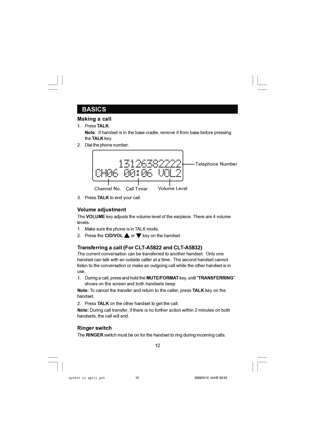 Sanyo Making a call, Volume adjustment, Transferring a call For CLT-A5822 and CLT-A5832, Ringer switch 