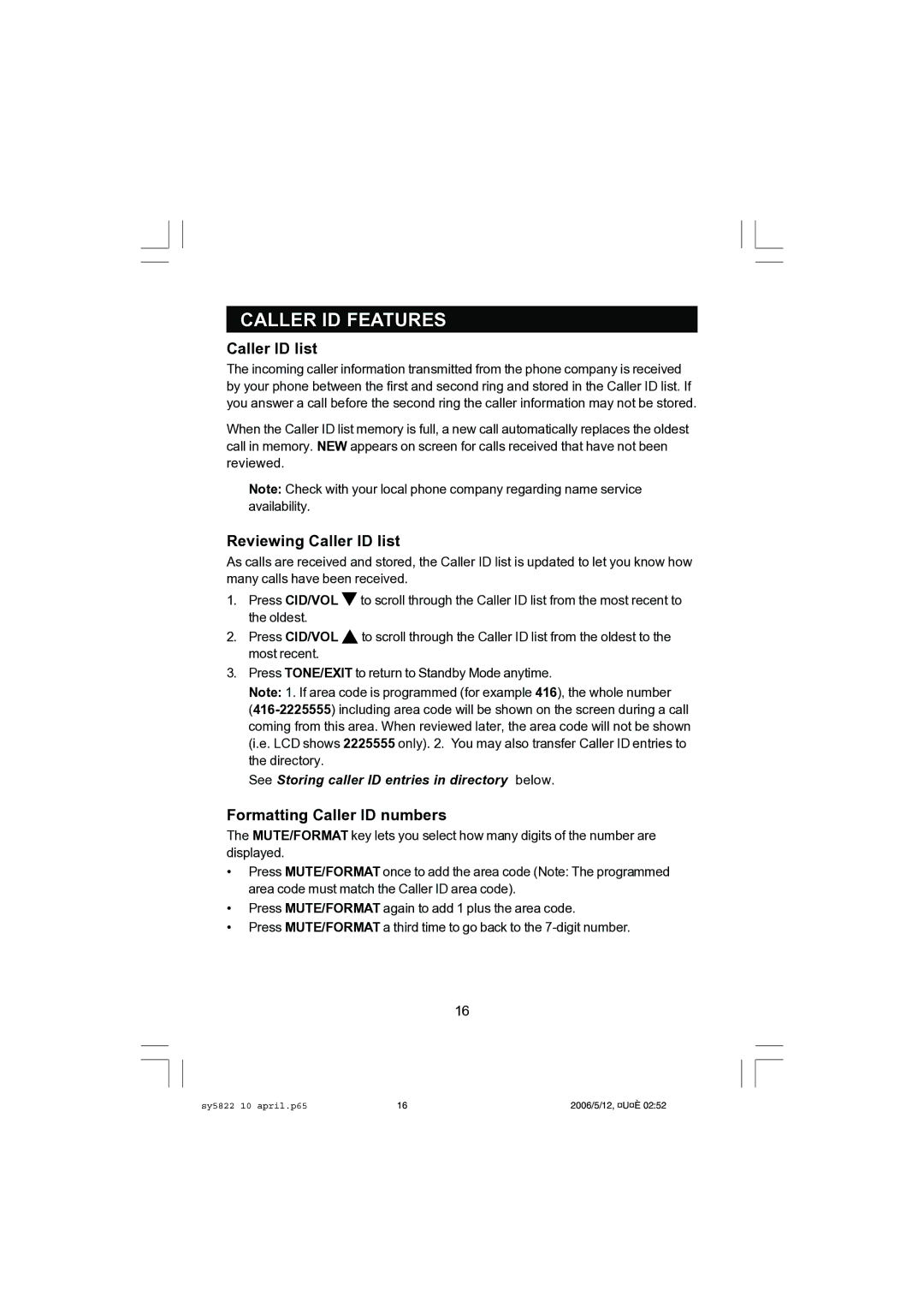 Sanyo CLT-A5822, CLT-A5832 instruction manual Reviewing Caller ID list, Formatting Caller ID numbers 