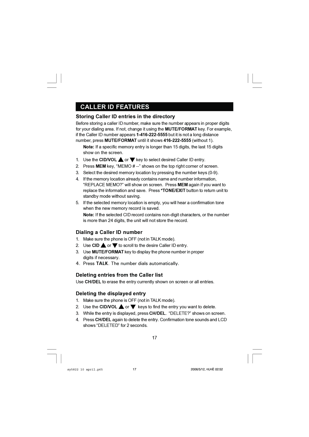 Sanyo CLT-A5832 Storing Caller ID entries in the directory, Dialing a Caller ID number, Deleting the displayed entry 