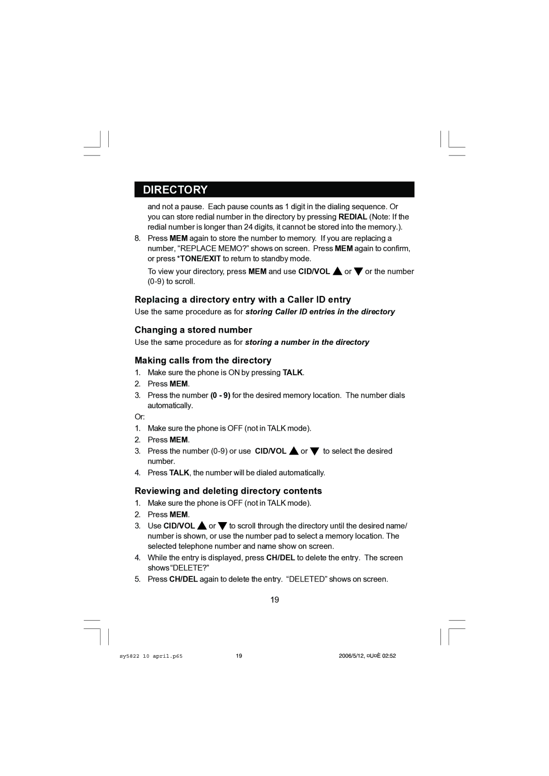 Sanyo CLT-A5832, CLT-A5822 instruction manual Replacing a directory entry with a Caller ID entry, Changing a stored number 