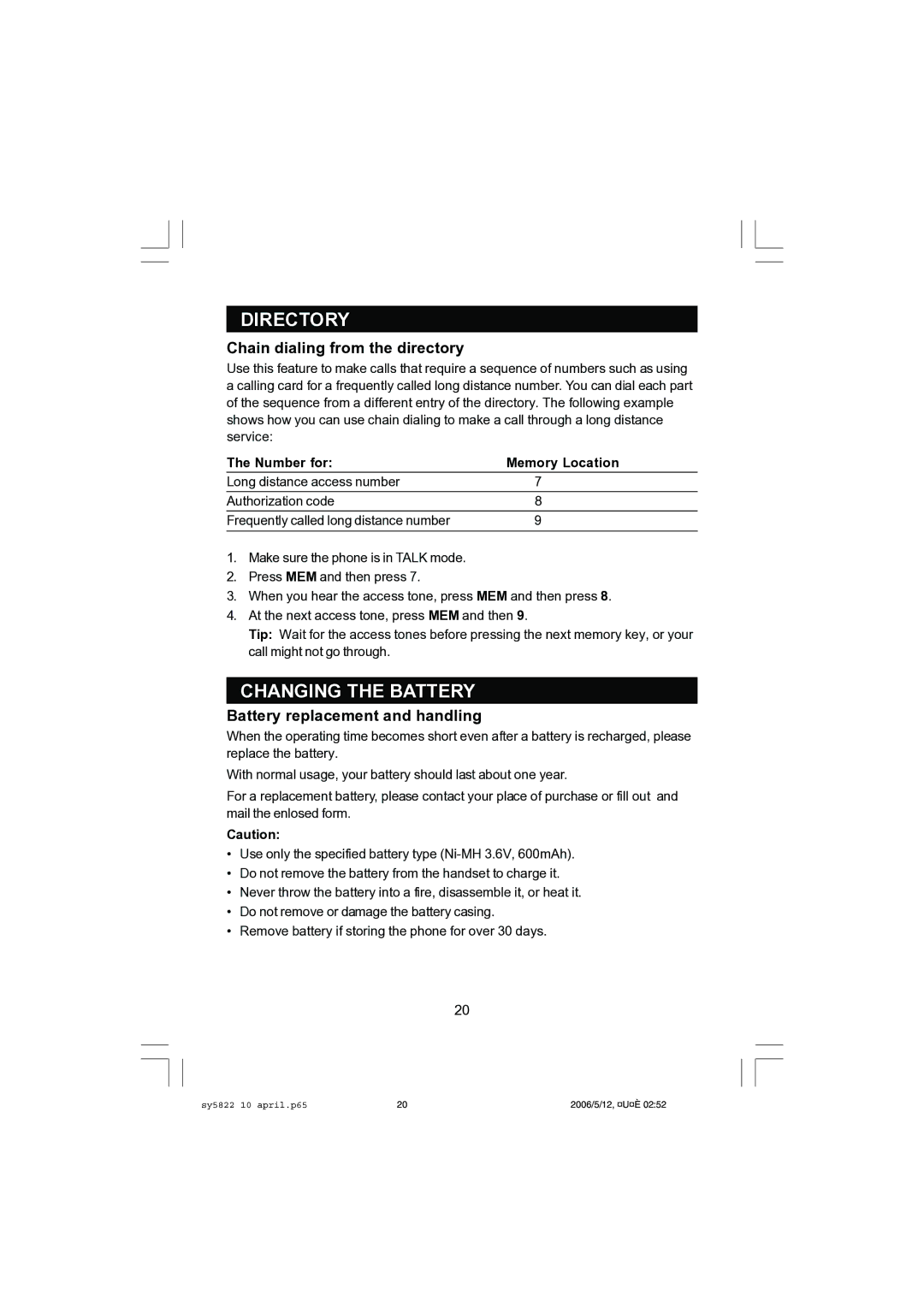 Sanyo CLT-A5822, CLT-A5832 Changing the Battery, Chain dialing from the directory, Battery replacement and handling 