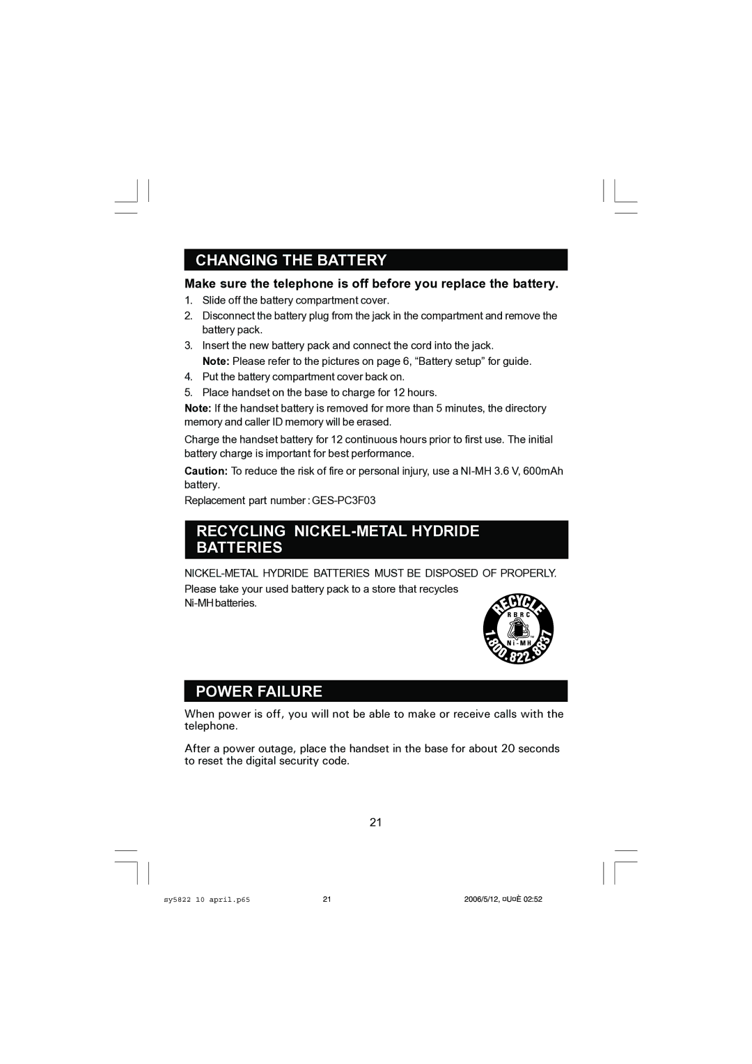 Sanyo CLT-A5832, CLT-A5822 instruction manual Recycling NICKEL-METAL Hydride Batteries, Power Failure 