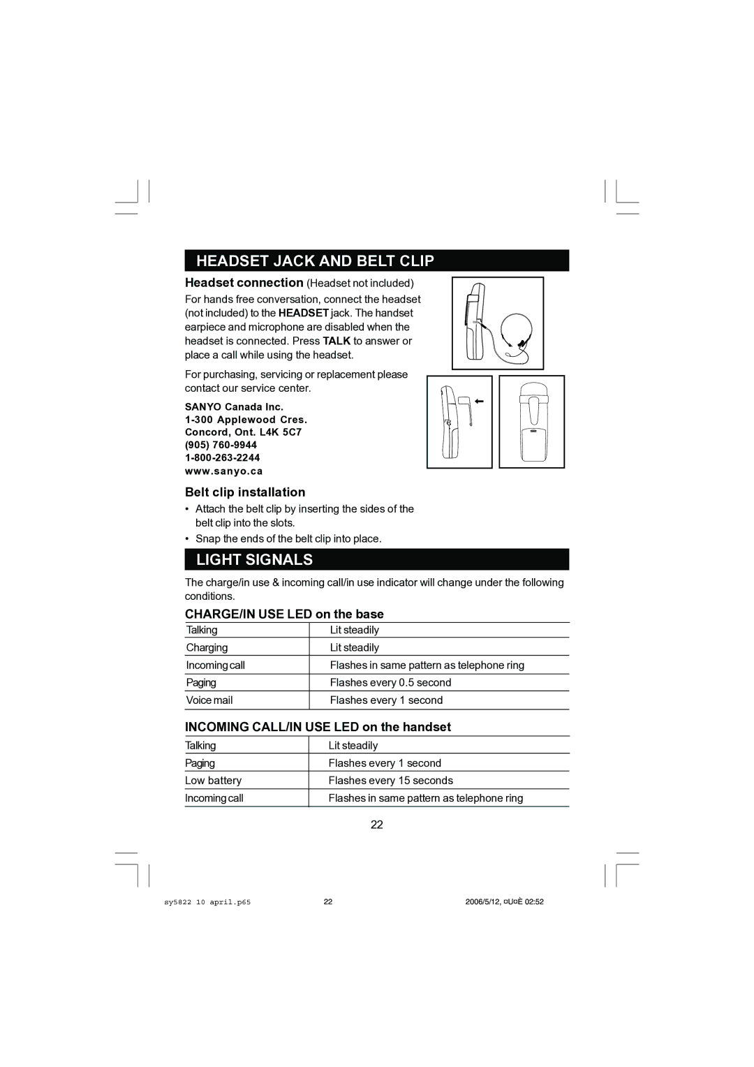 Sanyo CLT-A5822 Headset Jack and Belt Clip, Light Signals, Belt clip installation, CHARGE/IN USE LED on the base 