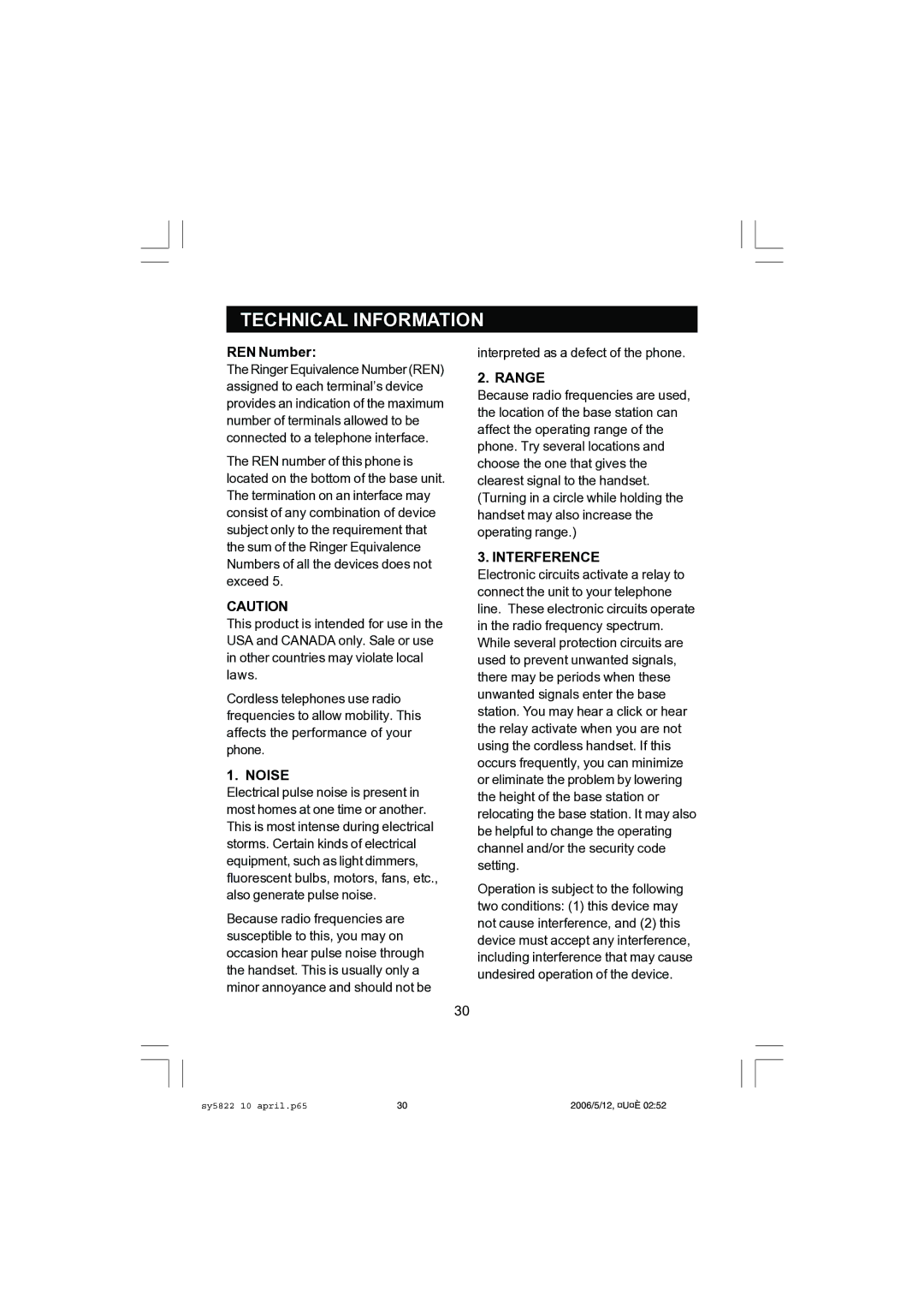 Sanyo CLT-A5822, CLT-A5832 instruction manual Technical Information, Noise, Range, Interference 