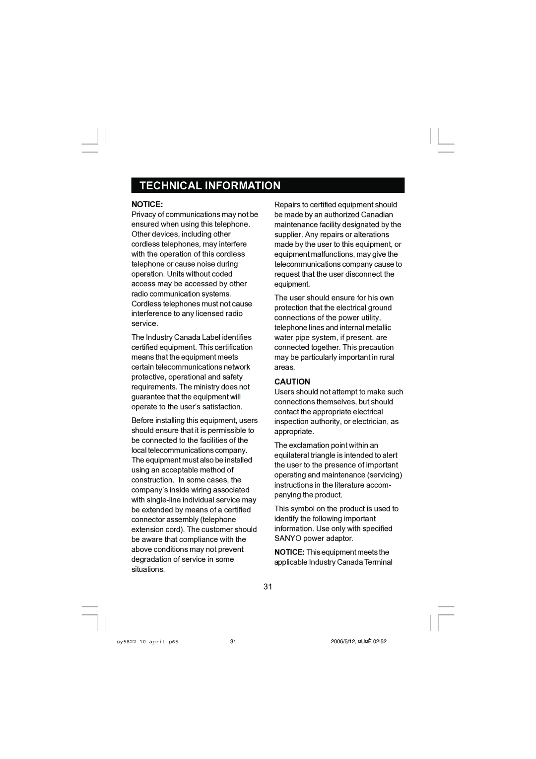 Sanyo CLT-A5832, CLT-A5822 instruction manual Technical Information 