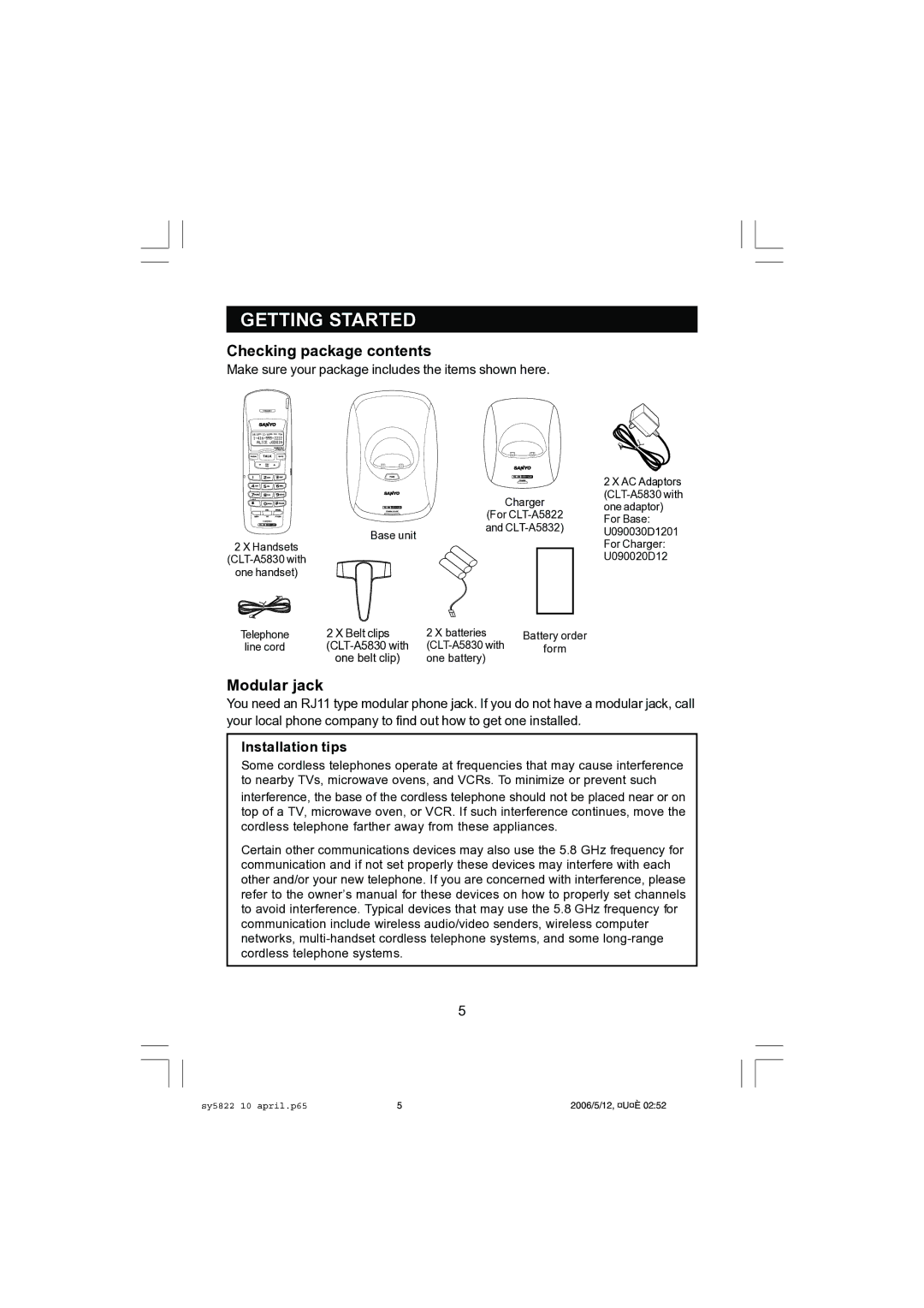 Sanyo CLT-A5832, CLT-A5822 instruction manual Getting Started, Checking package contents, Modular jack 