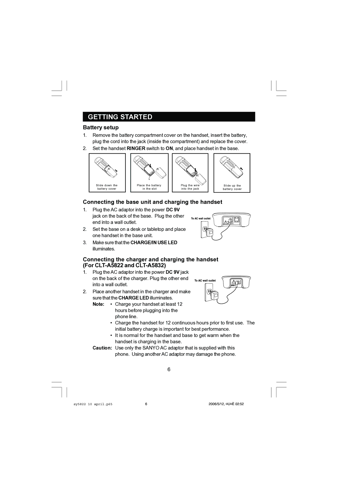 Sanyo CLT-A5822, CLT-A5832 instruction manual Battery setup, Connecting the base unit and charging the handset 