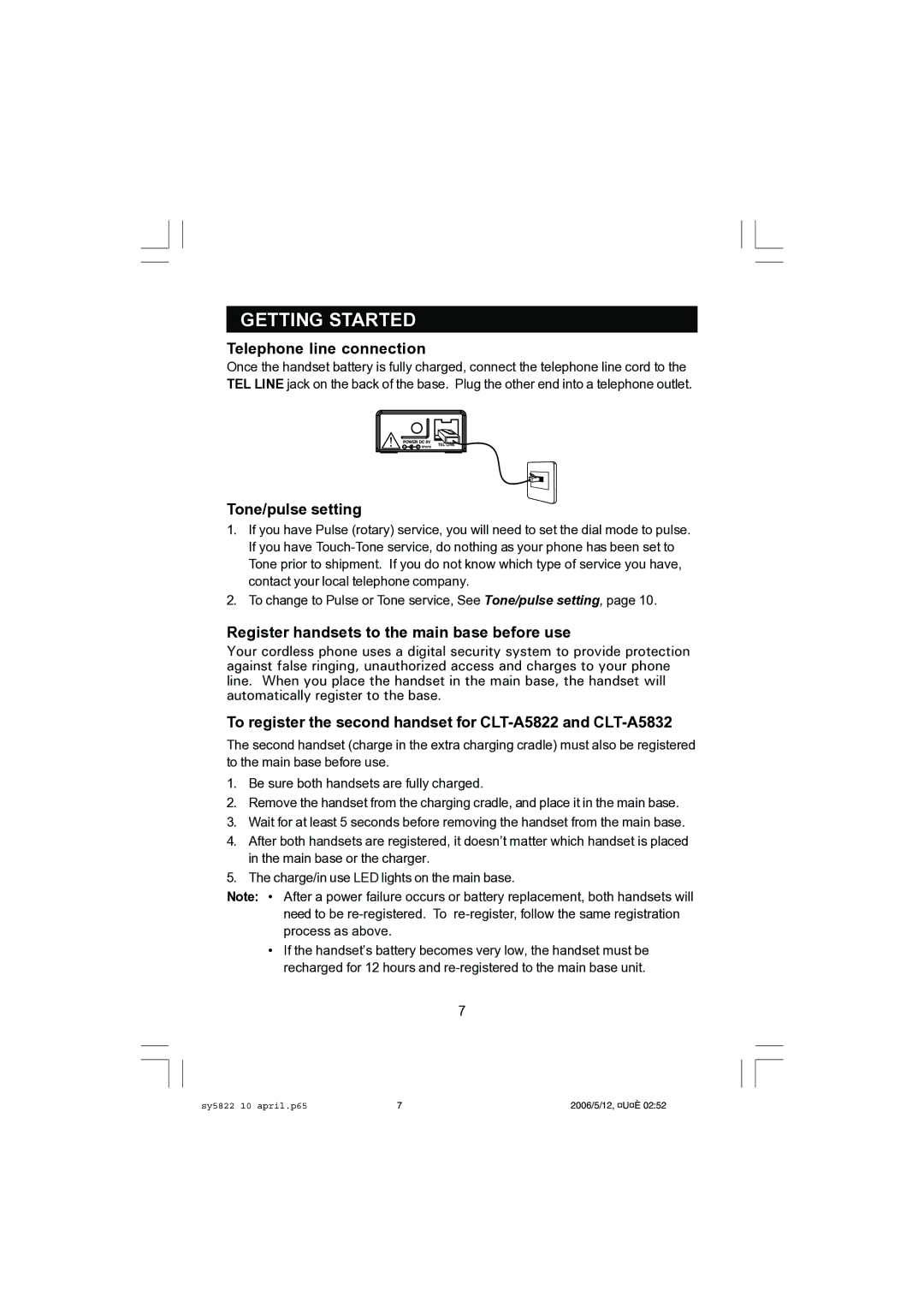 Sanyo CLT-A5832, CLT-A5822 Telephone line connection, Tone/pulse setting, Register handsets to the main base before use 