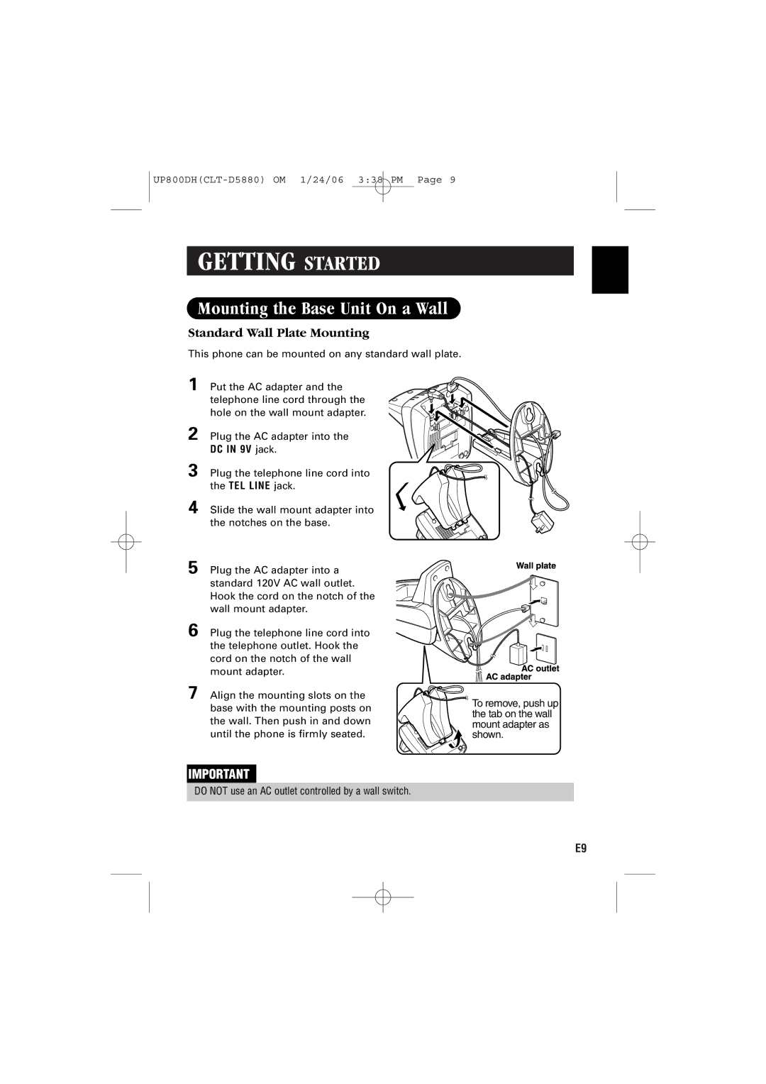 Sanyo CLT-D5882, CLT-D5880, CLT-D5883 instruction manual Mounting the Base Unit On a Wall, Standard Wall Plate Mounting 