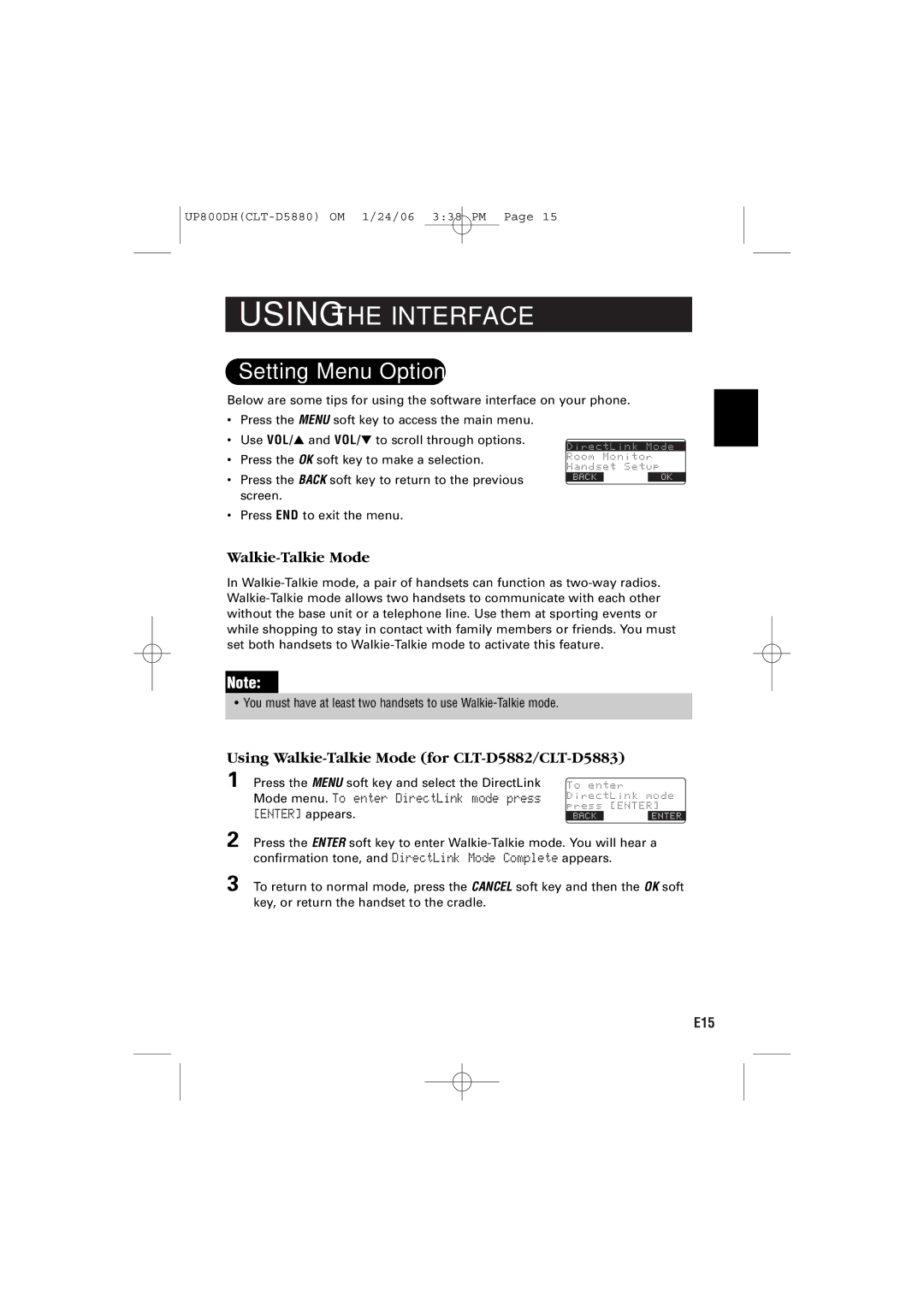 Sanyo CLT-D5880 instruction manual Setting Menu Options, Using Walkie-Talkie Mode for CLT-D5882/CLT-D5883 