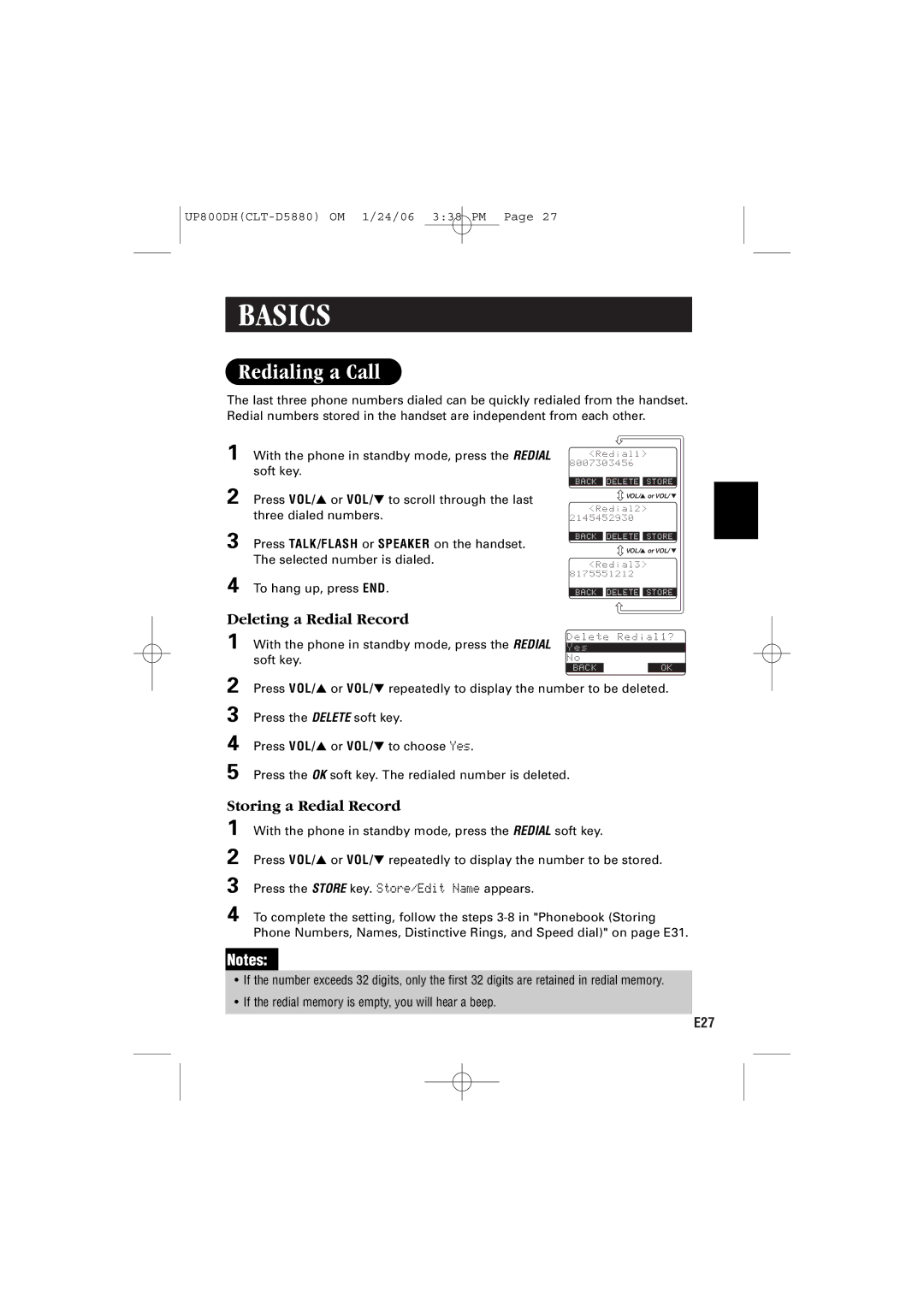 Sanyo CLT-D5882, CLT-D5880, CLT-D5883 instruction manual Redialing a Call, Deleting a Redial Record, Storing a Redial Record 