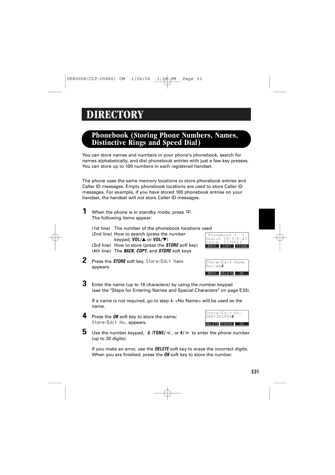 Sanyo CLT-D5880, CLT-D5883, CLT-D5882 instruction manual Directory, Store/Edit No. appears 