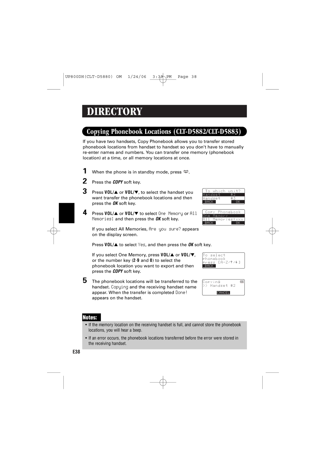 Sanyo CLT-D5880 instruction manual Copying Phonebook Locations CLT-D5882/CLT-D5883 