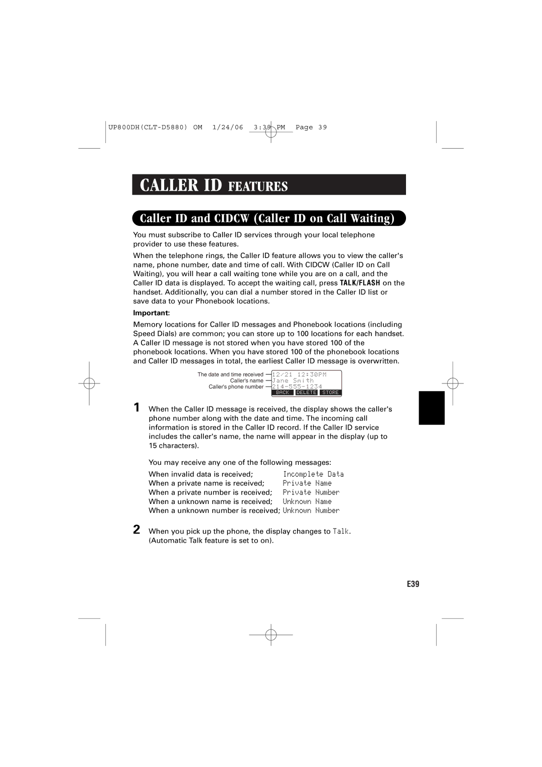 Sanyo CLT-D5882, CLT-D5880, CLT-D5883 instruction manual Caller ID Features, Caller ID and Cidcw Caller ID on Call Waiting 