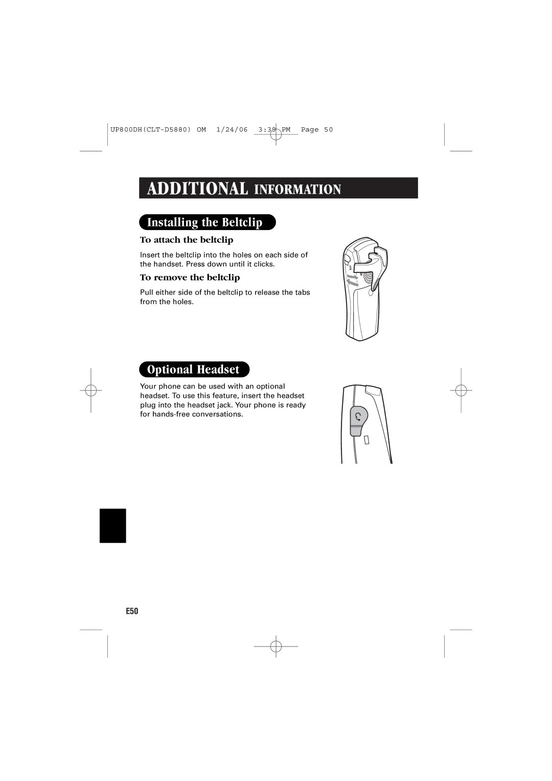 Sanyo CLT-D5883, CLT-D5880 Installing the Beltclip, Optional Headset, To attach the beltclip, To remove the beltclip 