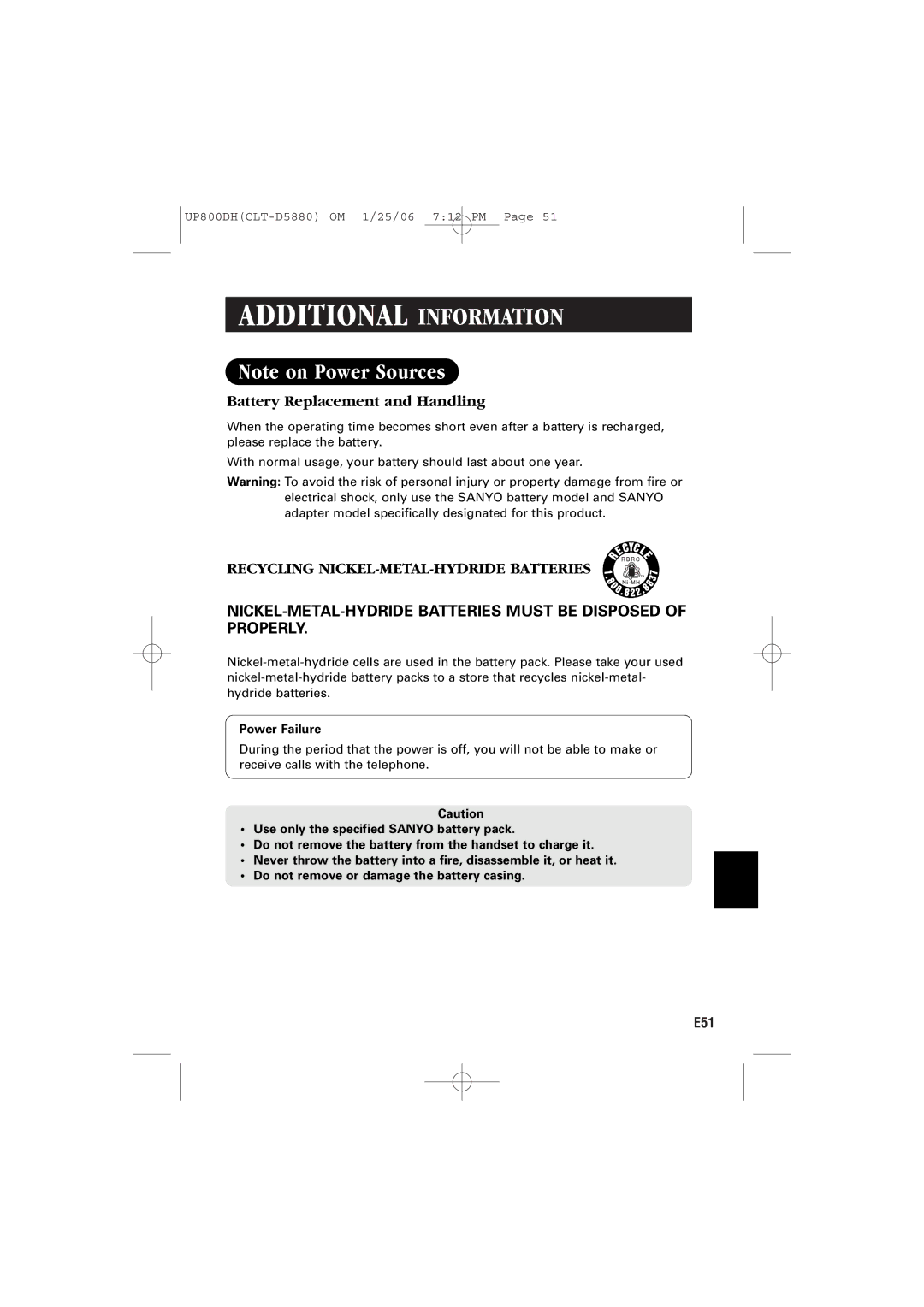 Sanyo CLT-D5882, CLT-D5880, CLT-D5883 instruction manual Battery Replacement and Handling, Power Failure 