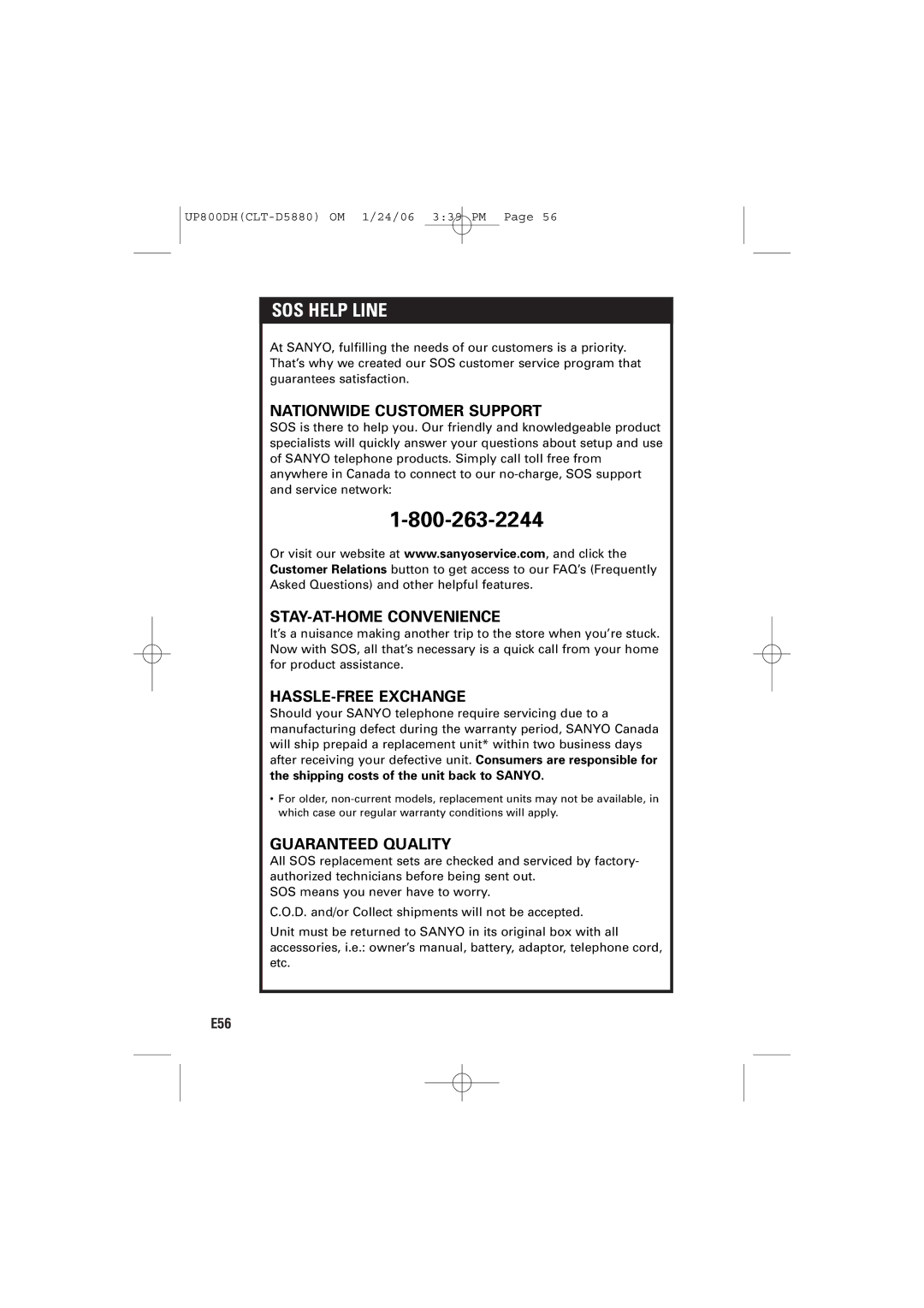 Sanyo CLT-D5883, CLT-D5880, CLT-D5882 instruction manual SOS Help Line, Shipping costs of the unit back to Sanyo 