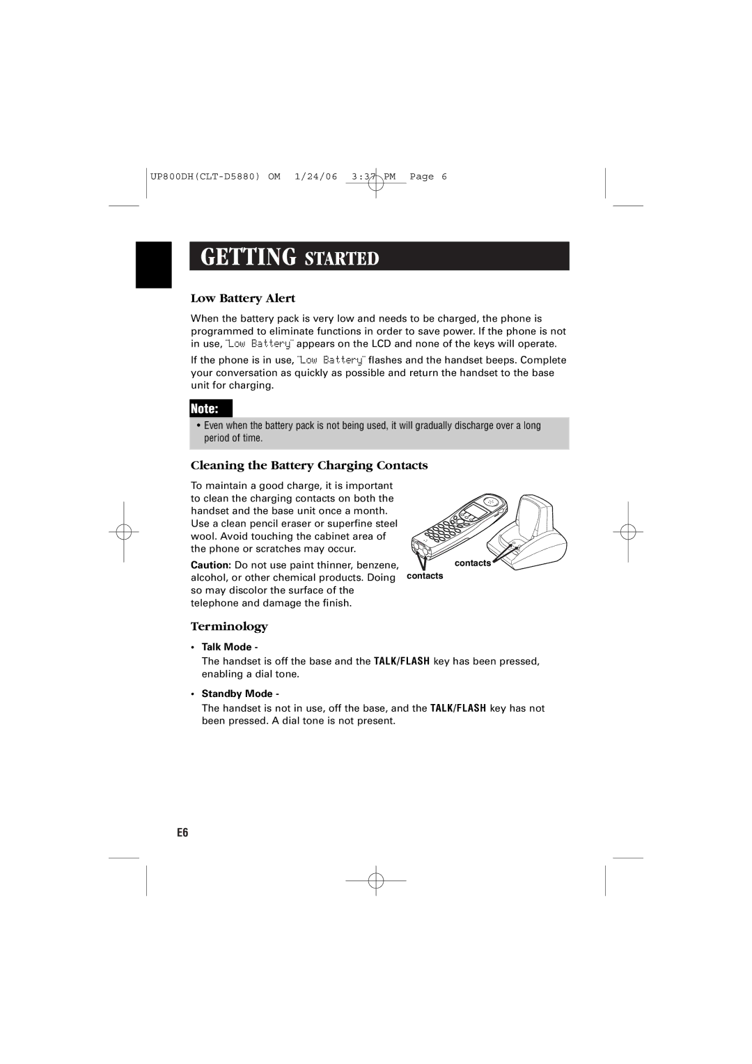 Sanyo CLT-D5882, CLT-D5880 Low Battery Alert, Cleaning the Battery Charging Contacts, Terminology, Talk Mode, Standby Mode 