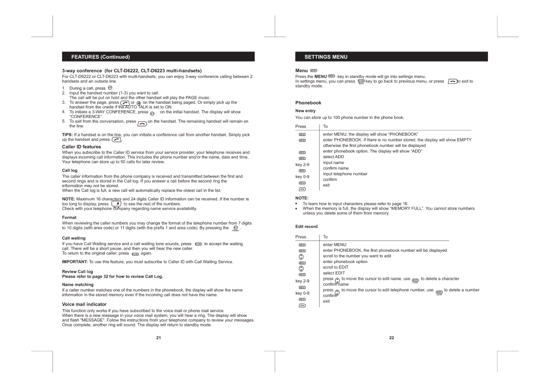 Sanyo Settings Menu, Way conference for CLT-D6222, CLT-D6223 multi-handsets, Caller ID features, Voice mail indicator 