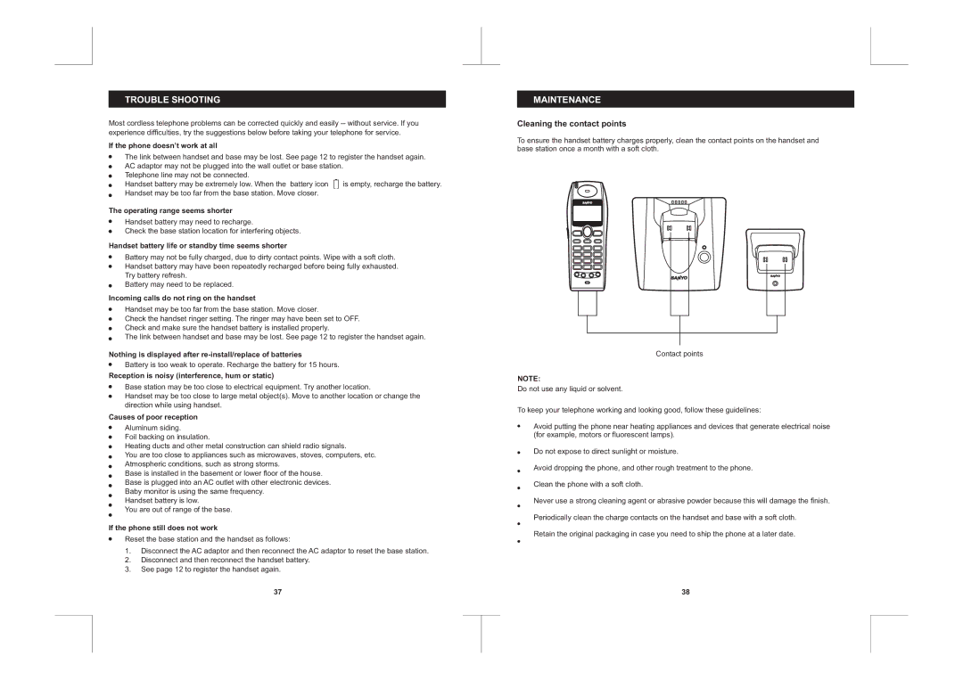 Sanyo CLT-D6220, CLT-D6223, CLT-D6222 instruction manual Trouble Shooting, Maintenance, Cleaning the contact points 